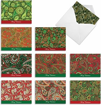 The Best Card Company - 10 Blank Christmas Note Cards with Envelopes 4 x 5.12 Inch - Fun Assorted Holiday Notecard Set - Christmas Paisley M2943XSB