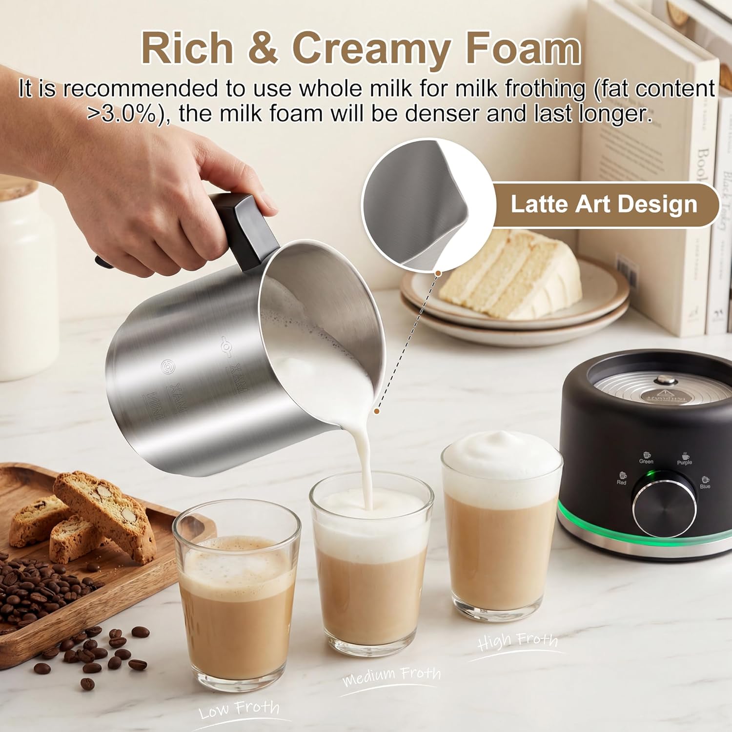Milk Frother, 17 OZ Milk Frother and Steamer, 4-IN-1 Electric Milk Frother Dishwasher Safe, Stainless Steel Milk Frother for Coffee, Hot and Cold Foam Maker for Latte Chocolate, Black