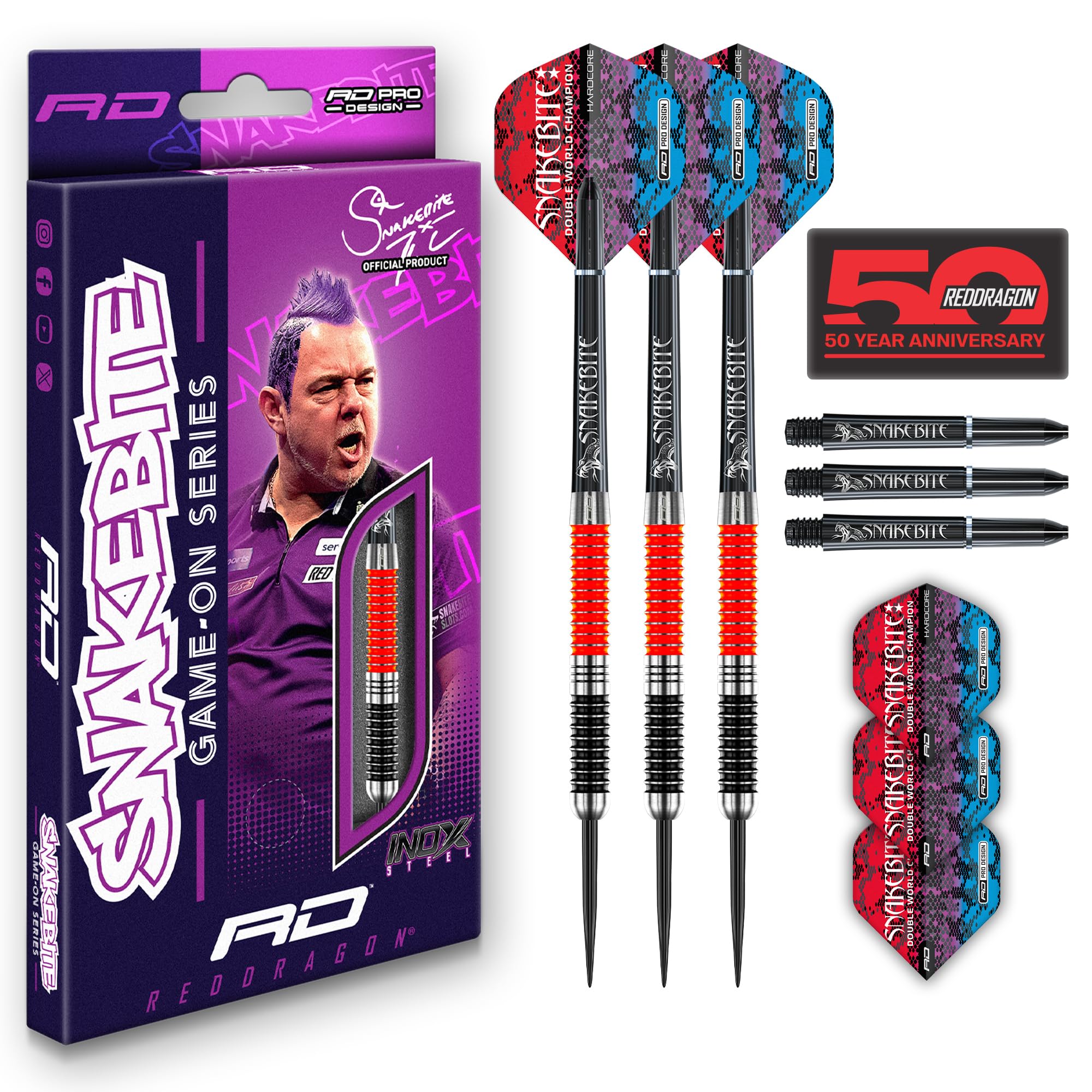 RED DRAGON Game On Professional Player Series Steeltip Darts Set with Dart Flights and Dart Shafts (Stems)