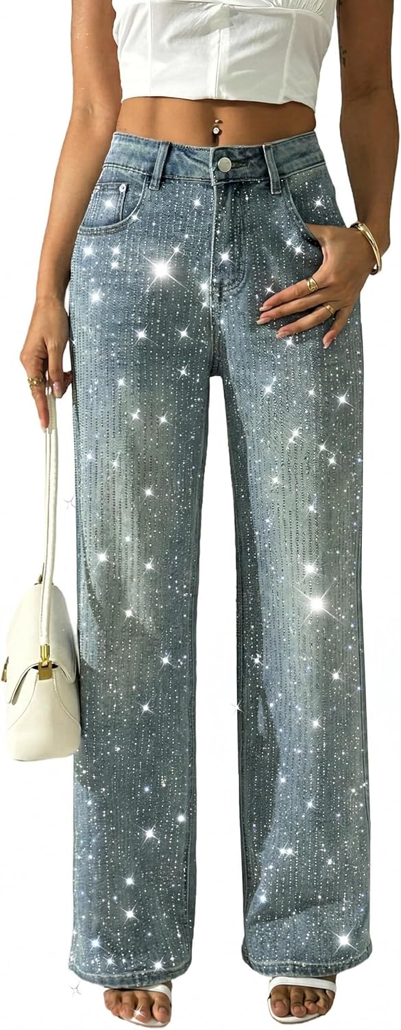 heipeiwa Women's Rhinestone Jeans Wide Leg Denim Pants High Waist Sparkle Shiny Glitter Sequin Trouser Outfit