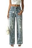 heipeiwa Women's Rhinestone Jeans Wide Leg Denim Pants High Waist Sparkle Shiny Glitter Sequin Trouser Outfit