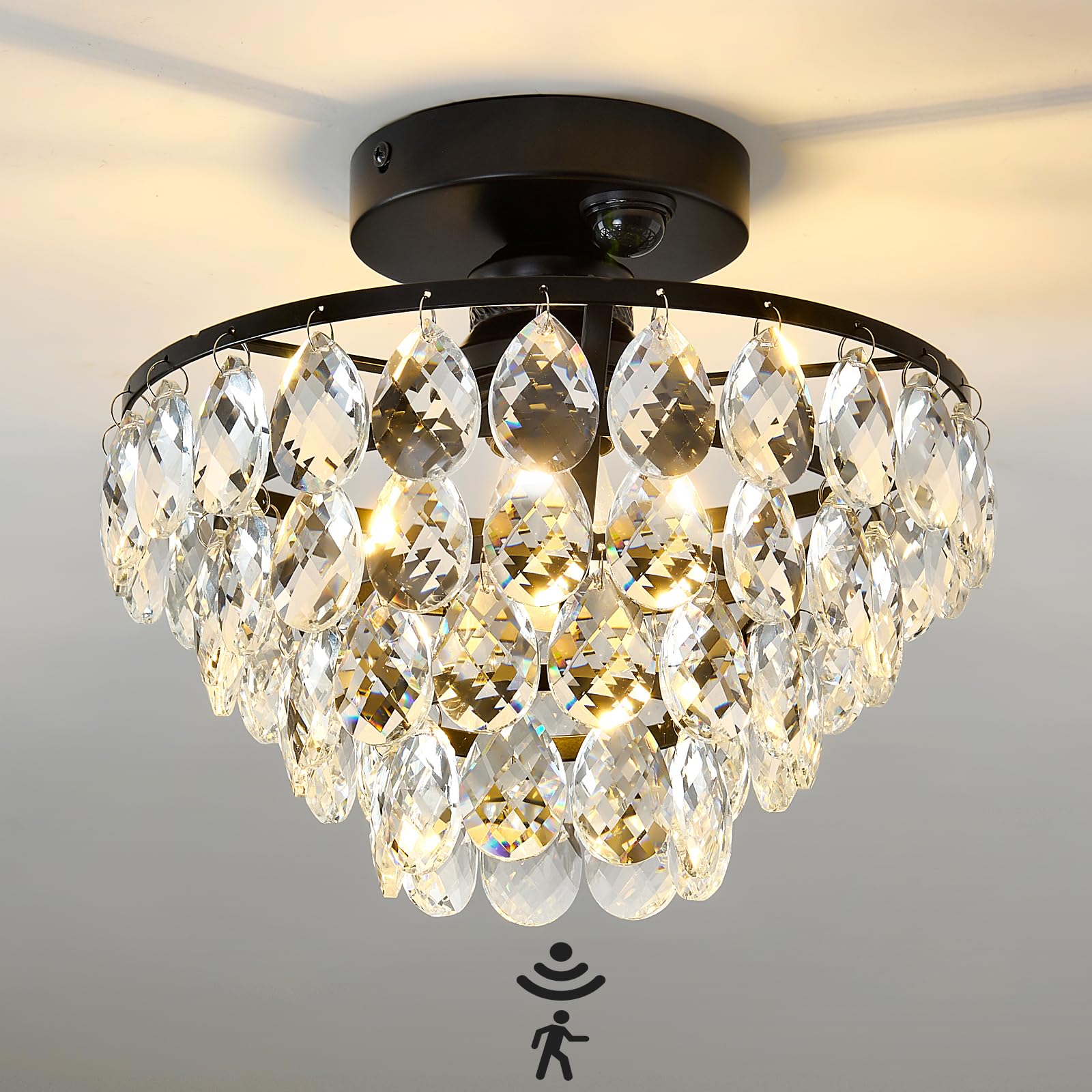 Photo 1 of YYJLX Indoor Motion Sensor Ceiling Light Fixture Modern Cryatal Semi Flush Mount Ceiling Light Black Ovrehead Light Fixture for Porch Hallway Front Entryway Kitchen Hall Garage.