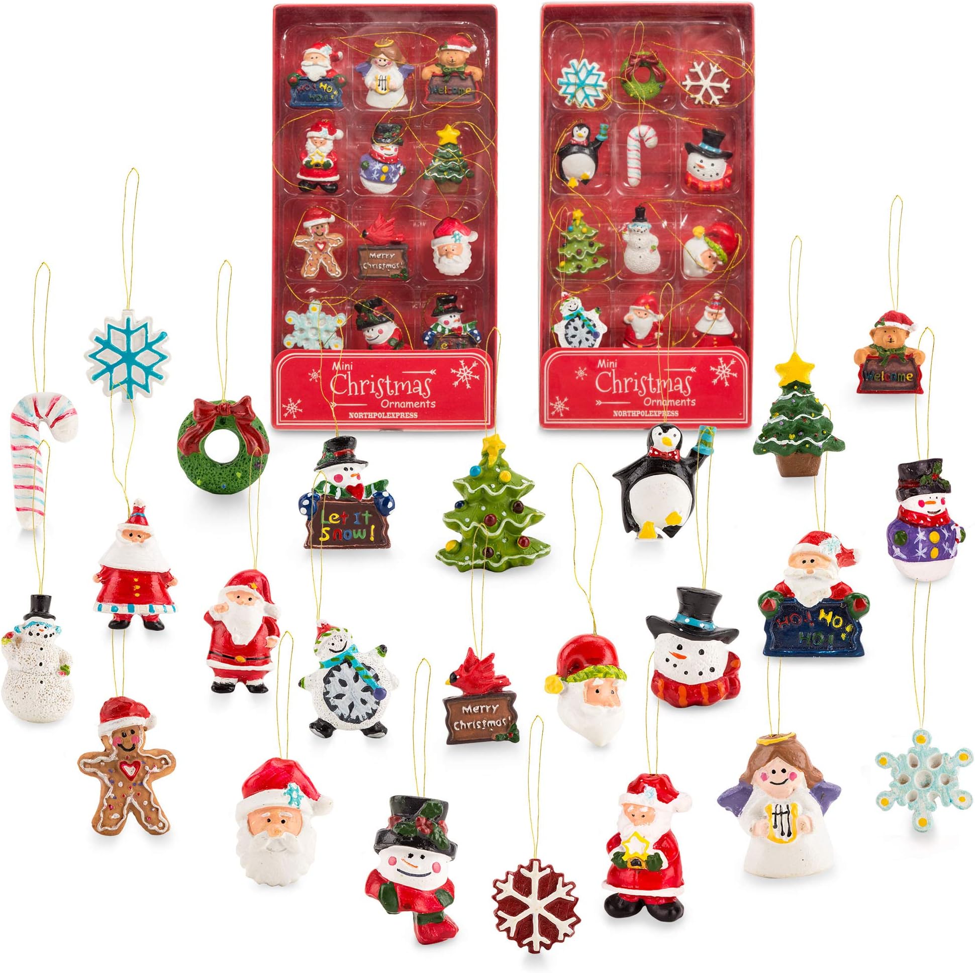 Mini Resin Christmas Ornaments Set of 24 - Rustic Christmas Decorations - Small Miniature Christmas Tree Ornaments - Santa Snowman Gingerbread Angel - Tiny Christmas Tree Decorations with Gift Box!