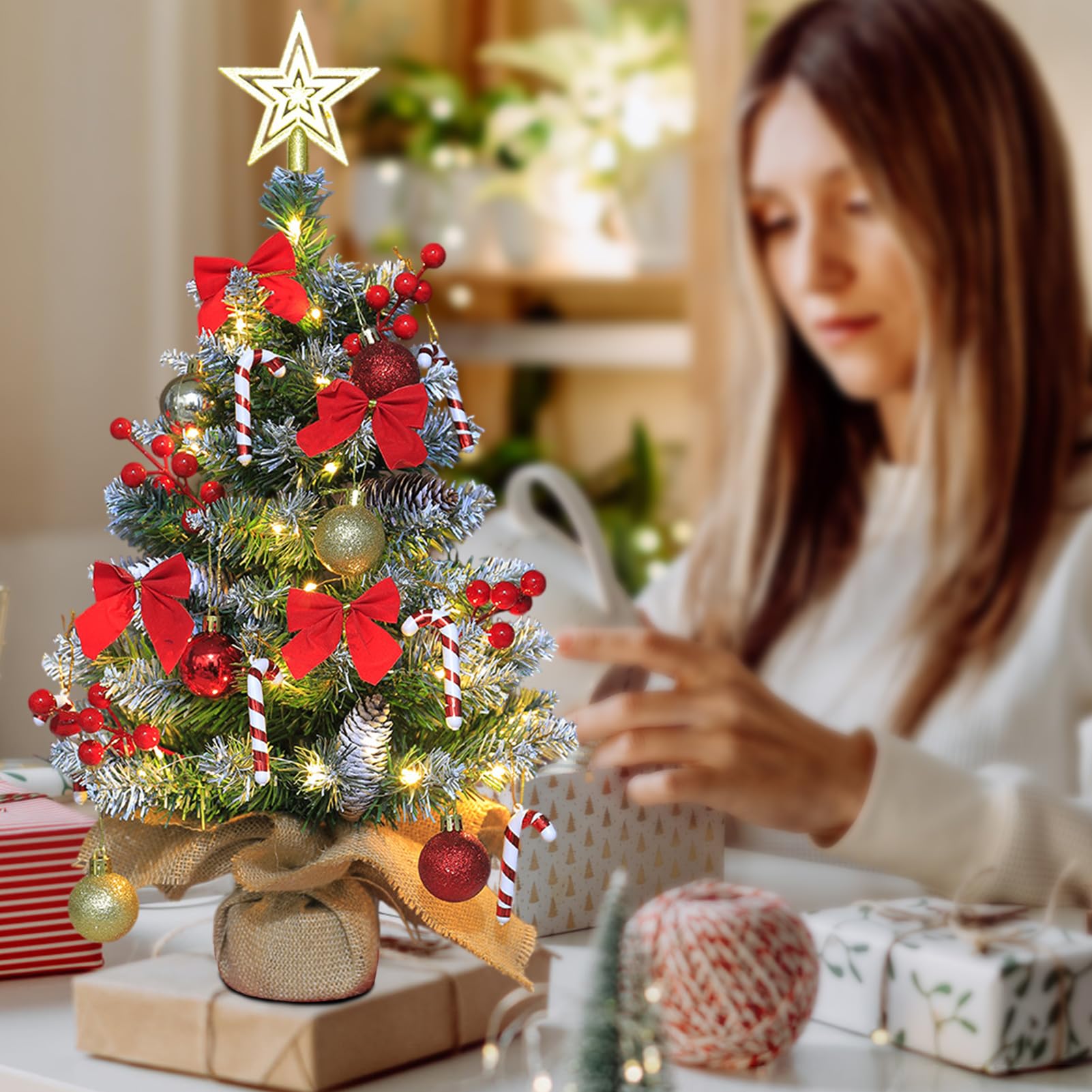 Mini Albero Di Natale Da Tavolo 60 Cm Con Luci E Decorazioni - Prelit, Pino Artificiale