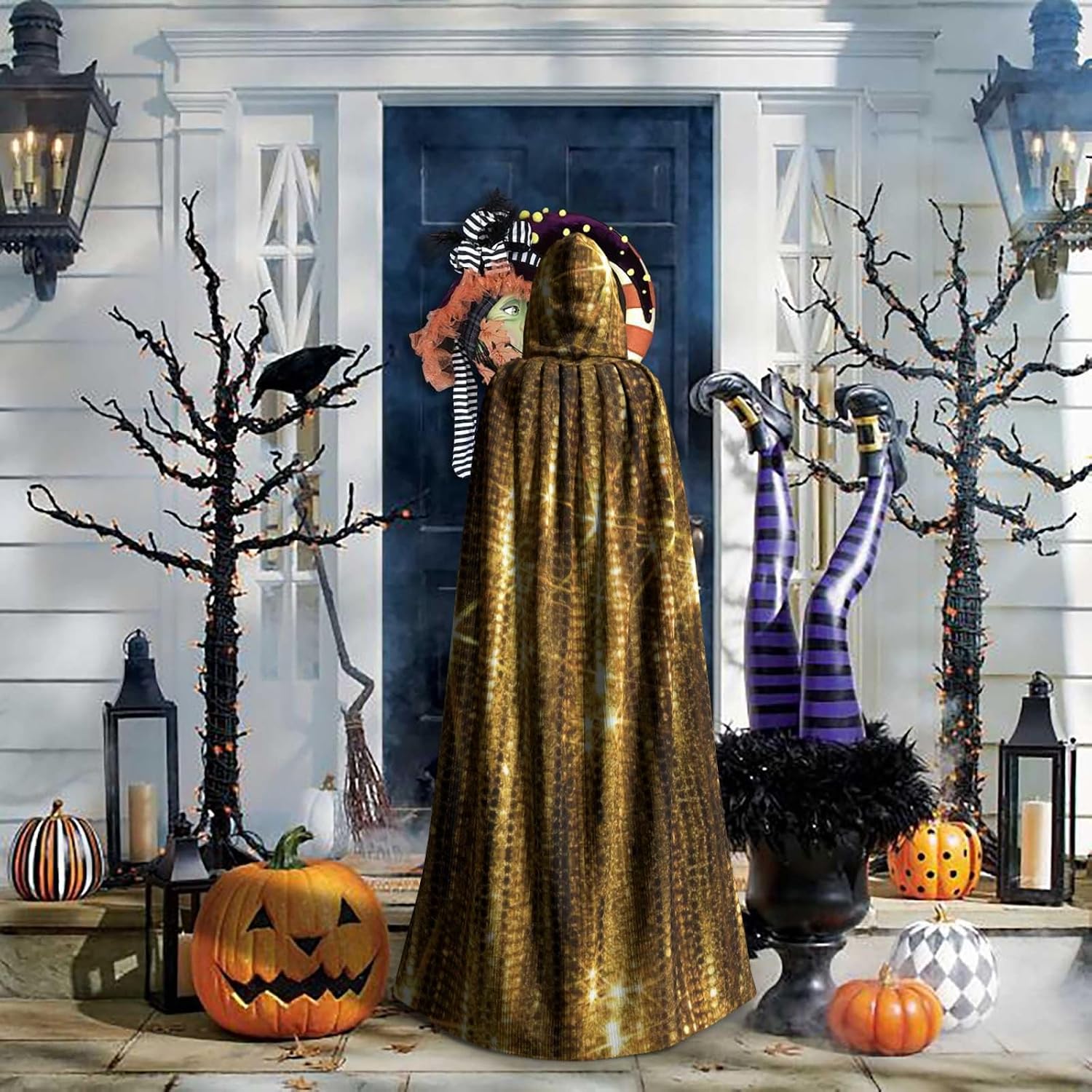 SSIMOO Gold Sequin Sparkle Enchanting Adult Hooded Cape for Halloween and Party Costumes-Fashionable Women's Robes,Capes