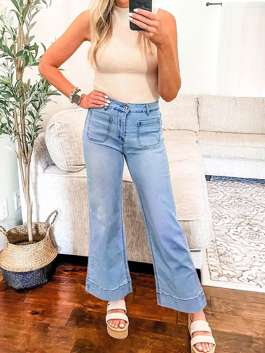 Tapata Women's 24/26 Petite Regular Wide Leg Jeans High Waisted Flare Stretchy Cropped Denim Pants Trendy Baggy Pockets - Image 3