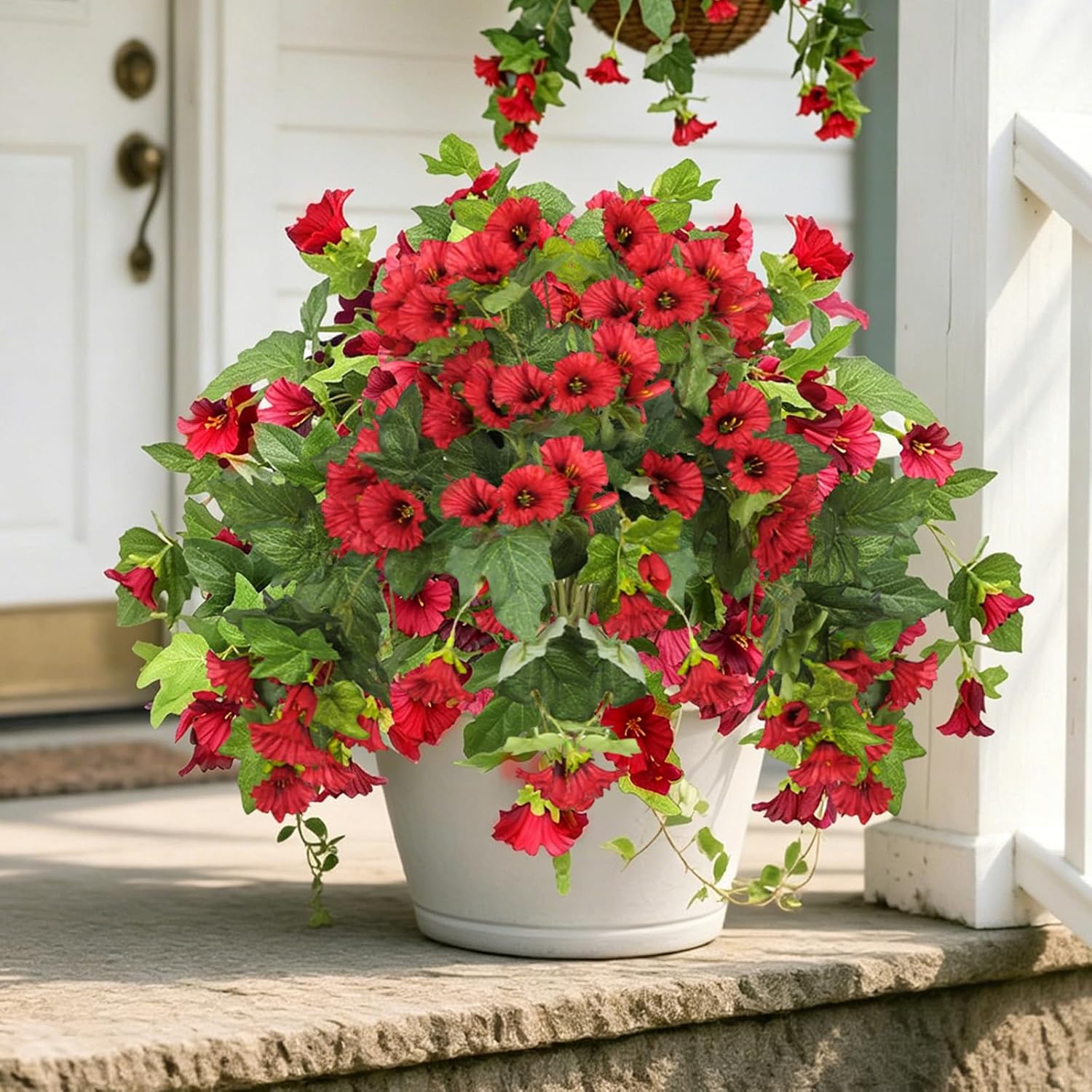 HAIDOLIANG Artificial Fake Flowers Plants for Outdoor Decoration, 2 Bundles Fake Flowers Silk Morning Glory UV Resistant Realistic Faux Flowers for Front Door Porch Patio Yard Window Box (Red)