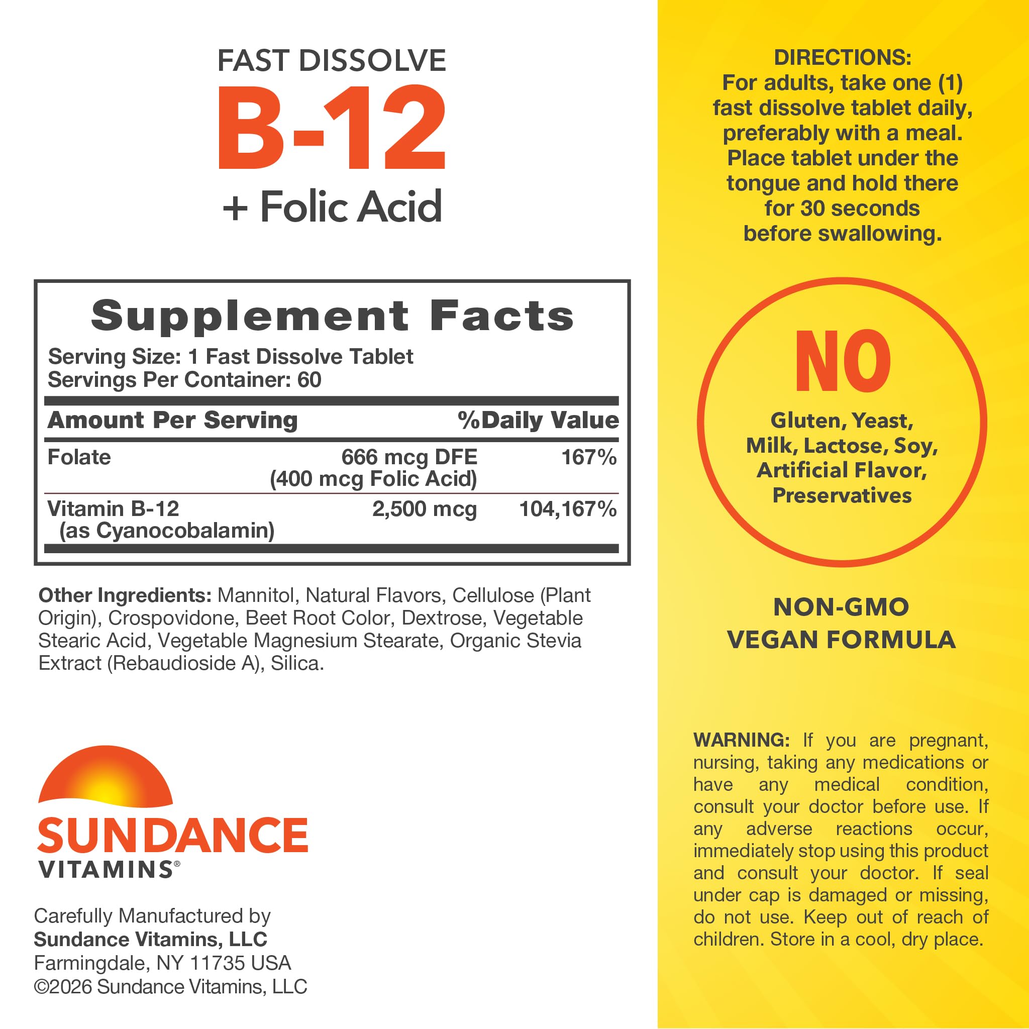 Sundance Fast Dissolve Vitamin B-12 | with Folic Acid | 2500mcg | 60 Count — Amazon image 2