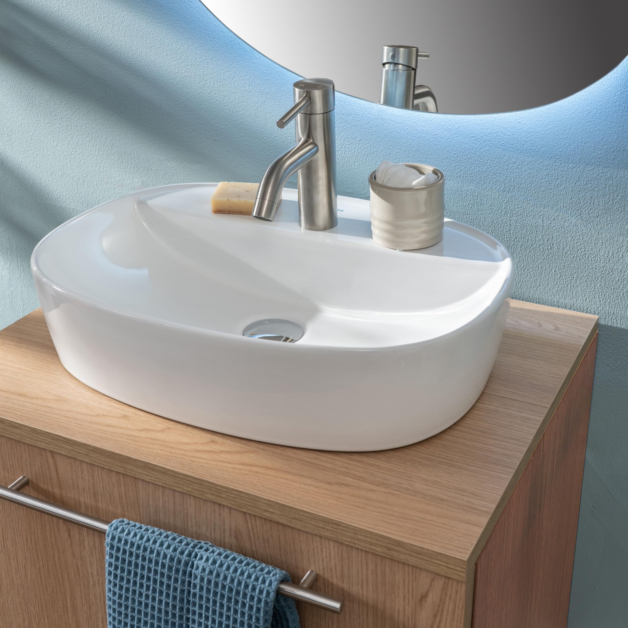 NORBE | Lavabo da appoggio in Ceramica | Lavandino in appoggio | Lavandino Ovale | Finitura Bianco Lucido | (Bianco, 50 Cm)