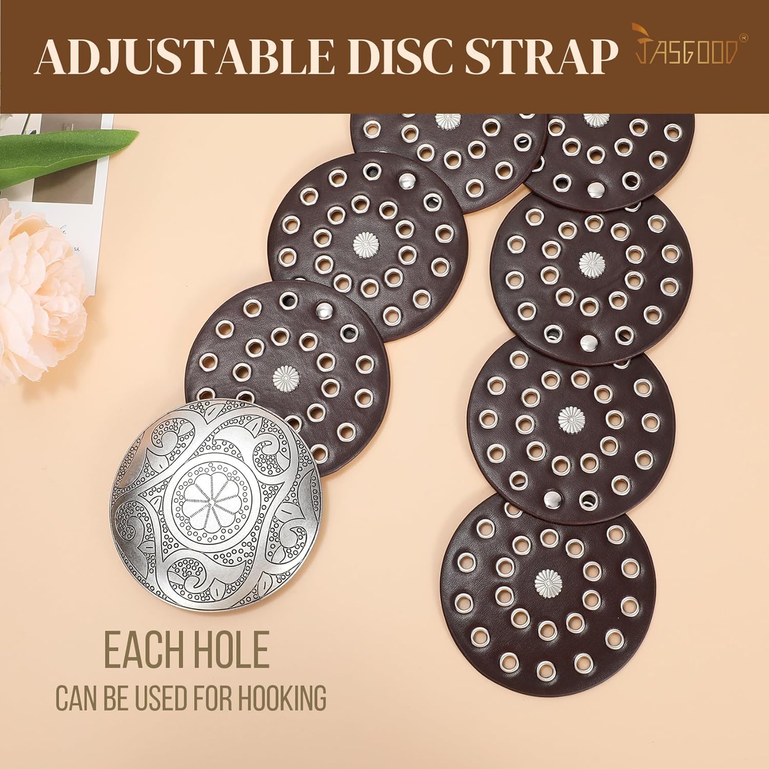 JASGOOD Western Belts for Women Wide Hollow Disc Leather Belt Cowgirl Waist Belt for Jeans Dresses with Metal Buckle - Image 2