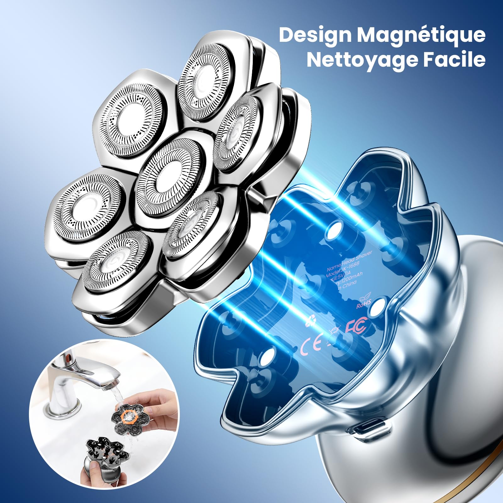 MAXGROOM 7D PRO Rasoir Tete Chauve Homme,Tête Magnétique,2 Vitesses(7500/8800 RPM) Tondeuse Crane Chauve,IPX6 (Sec & Humide), Autonomie 140 min USB-C,Idée Cadeau Pour Homme–Offert à Mari Papa