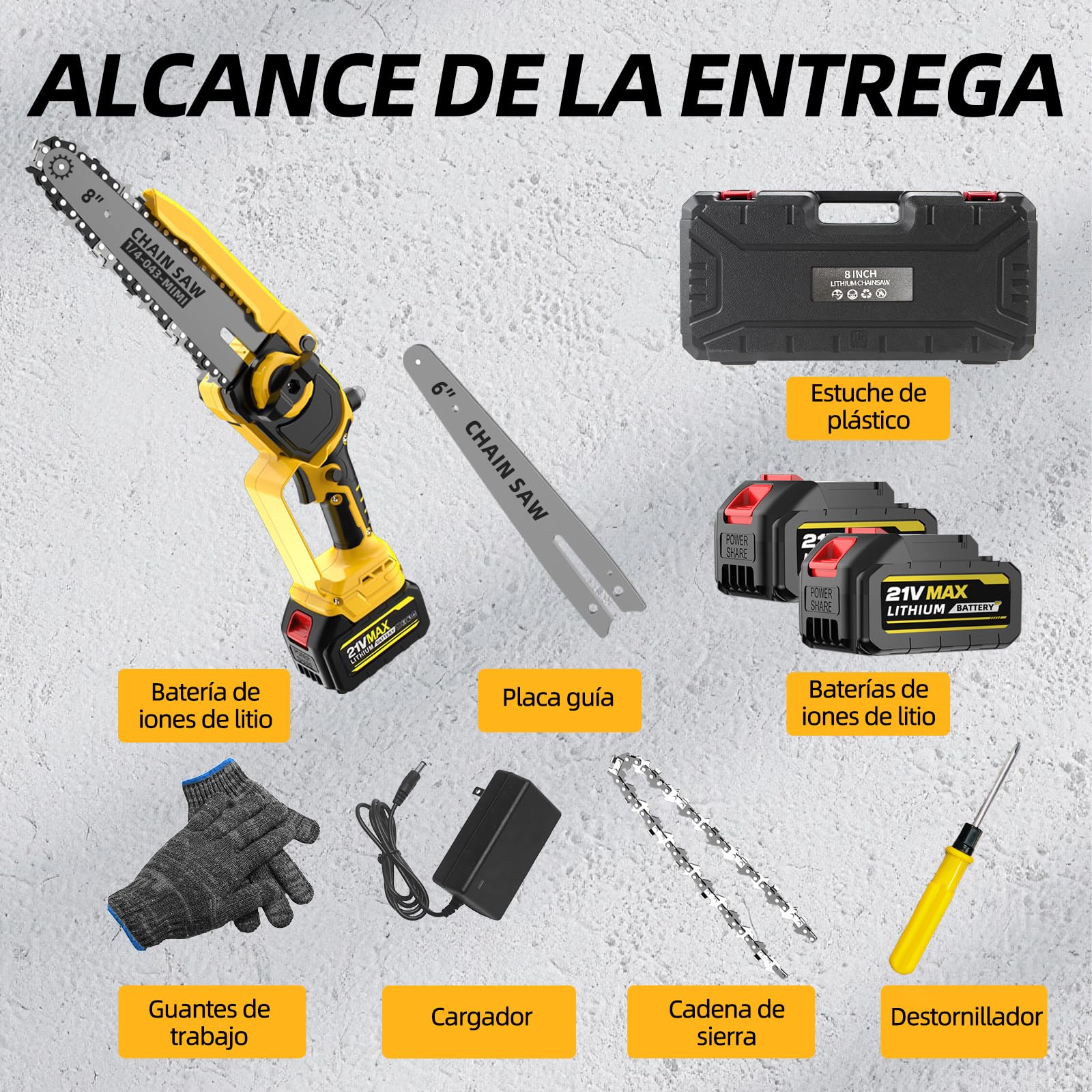 Mini motosierra inalámbrica 8" y 6", engrase automático, cadena repuesto, motor brushless 1200W, 2 baterías 4000mAh – Poda, jardín y corte madera