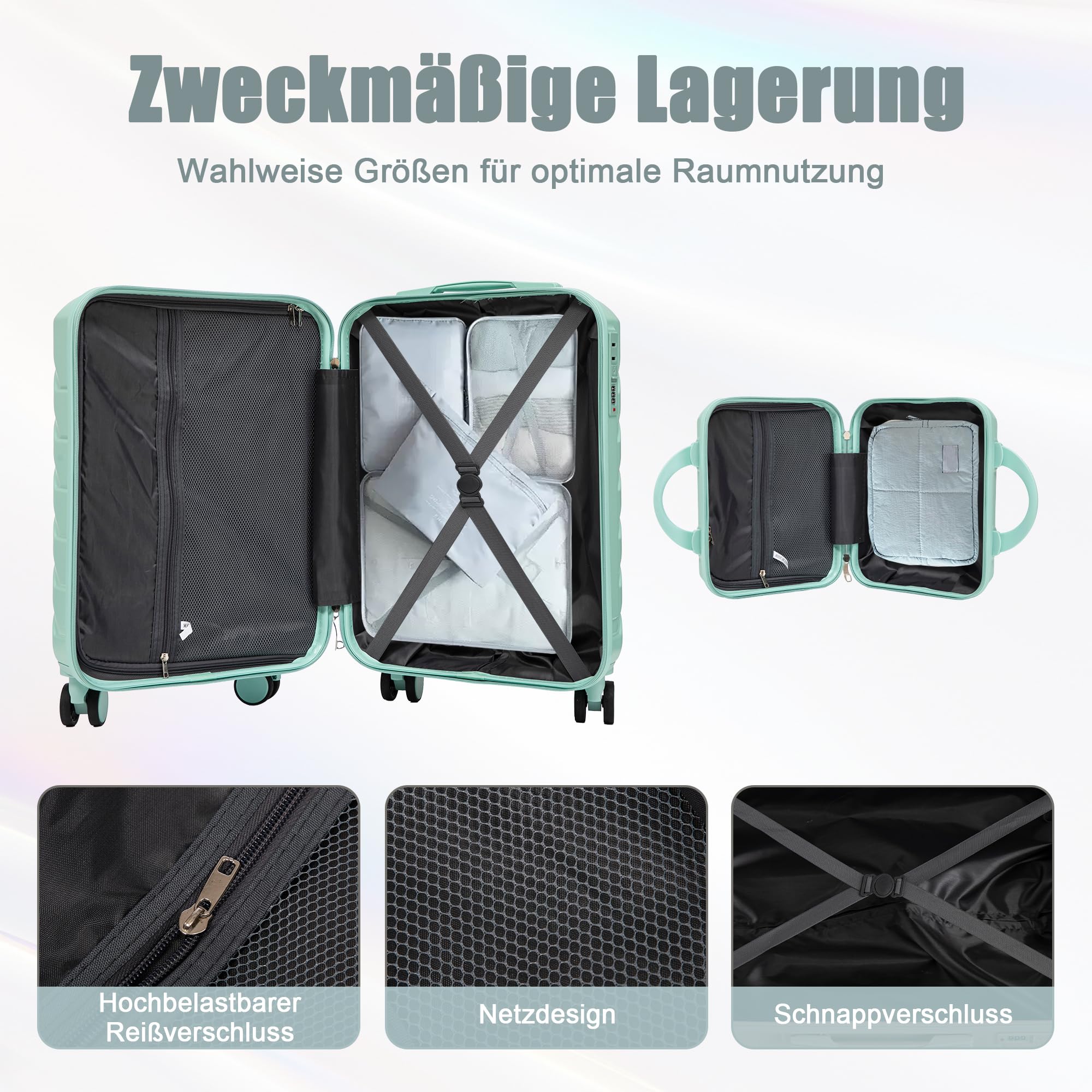 Hartschalen-Koffer Trolley Handgepäck Rollkoffer, Reisekoffer Set mit 4 Rollen, 2er Gepäckset Mintgrün