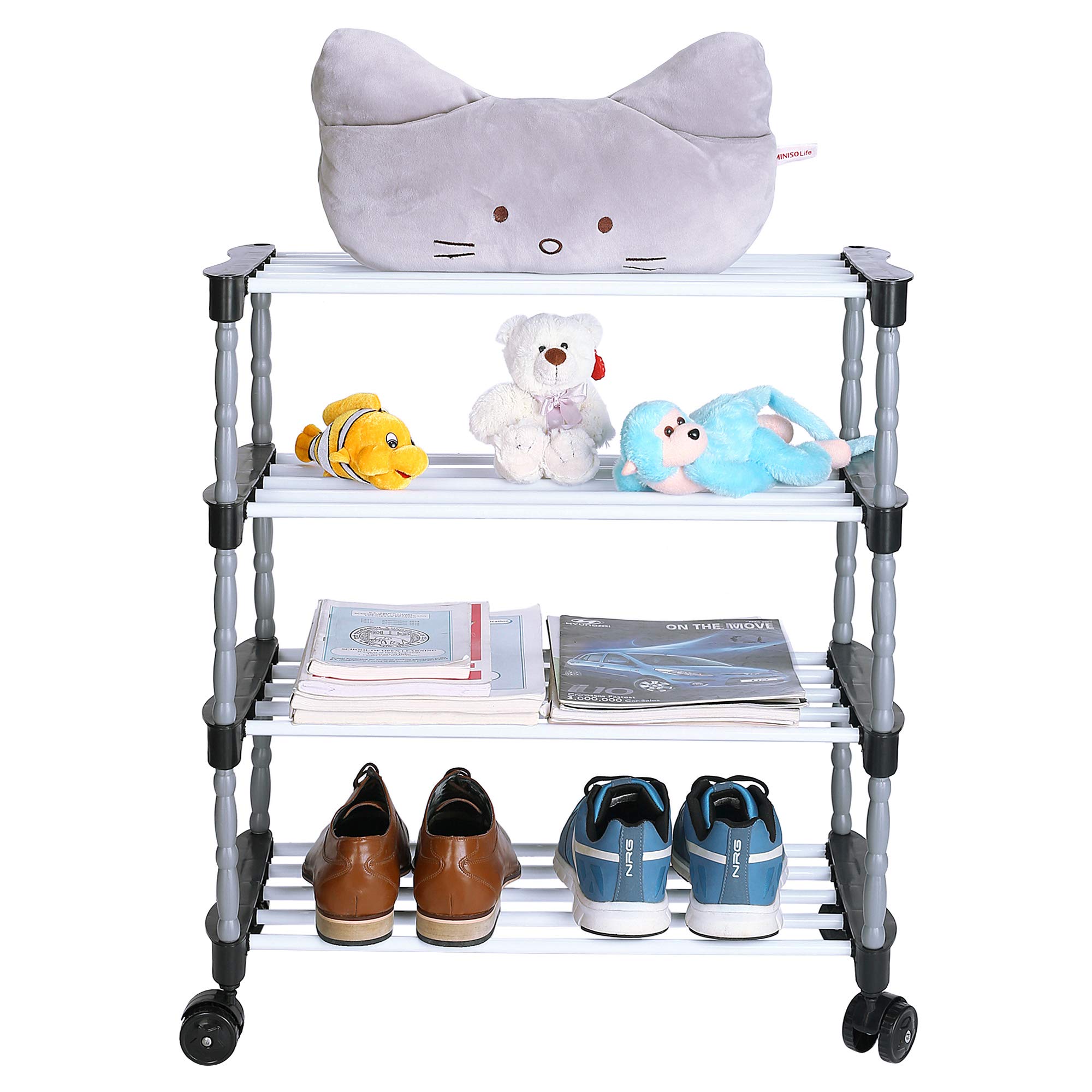 FLIPZONMultipurpose Metal, Plastic Smart Shoe Rack With Wheels|Portable Wide Shelve Storage Rack For Kitchen, Cloth With Wheels Easy To Move (4 Shelves) (Need To Be Assemble -Diy-Do-It-Yourself)