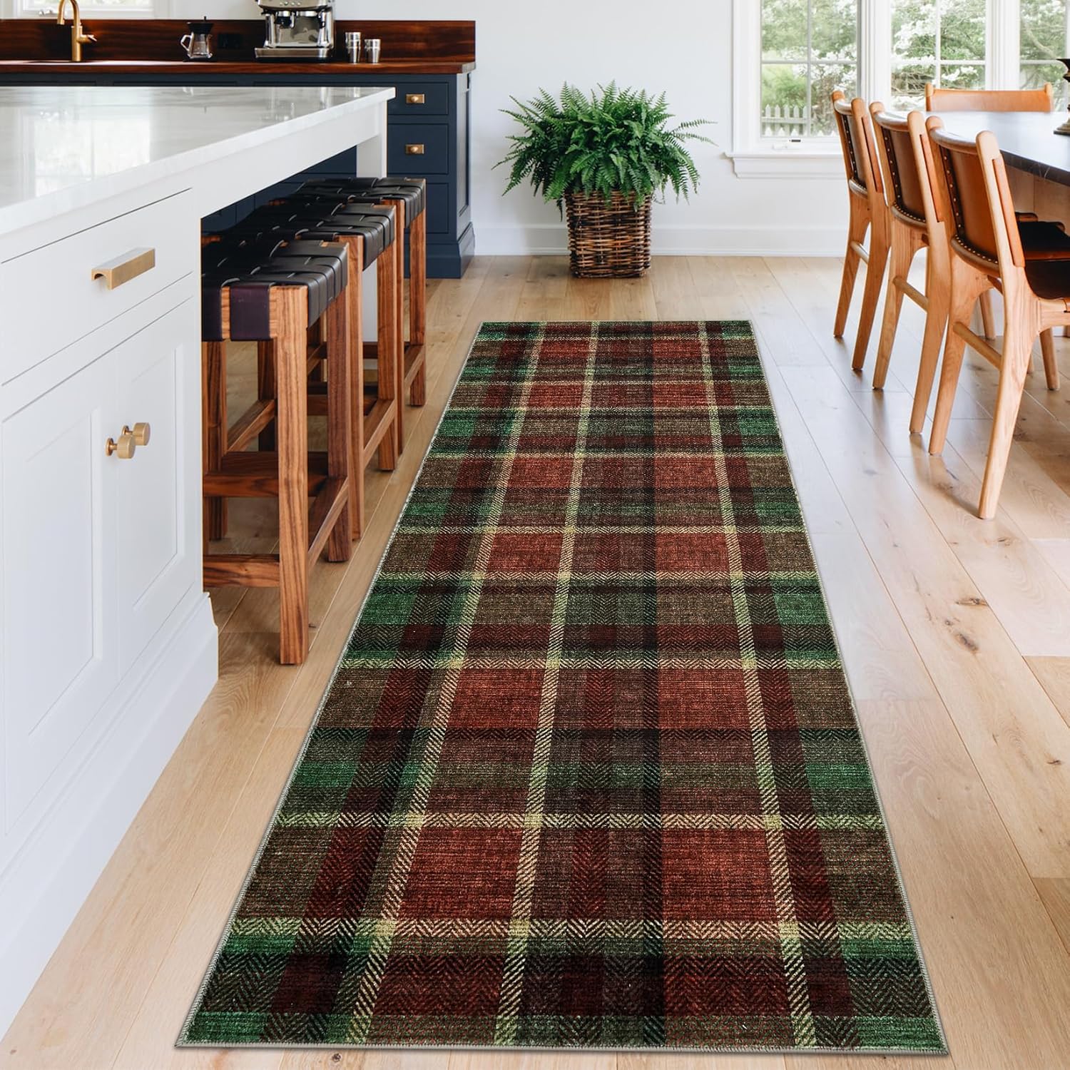 GarveeHome Washable 2x6 Runners Rug for Hallways Non Slip Bath Mat Modern Soft Bedroom Rug Tartan Plaid Runner Farmhouse Kitchen Rugs Entryway Runners Stain Resistant Carpet 2 ft x6 ft Red&Green
