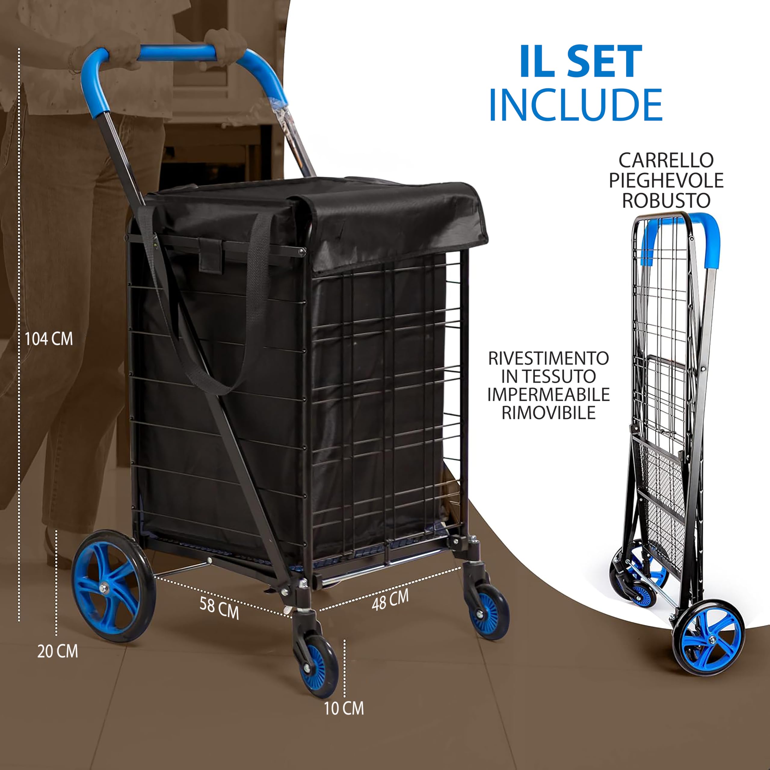 SereneLife Carrello Spesa Grande 50 kg, 48,2x57,6x104,2 cm, Carrellino con Ruote Portatutto 360°, Pieghevole con Sacca Rimovibile, Blu