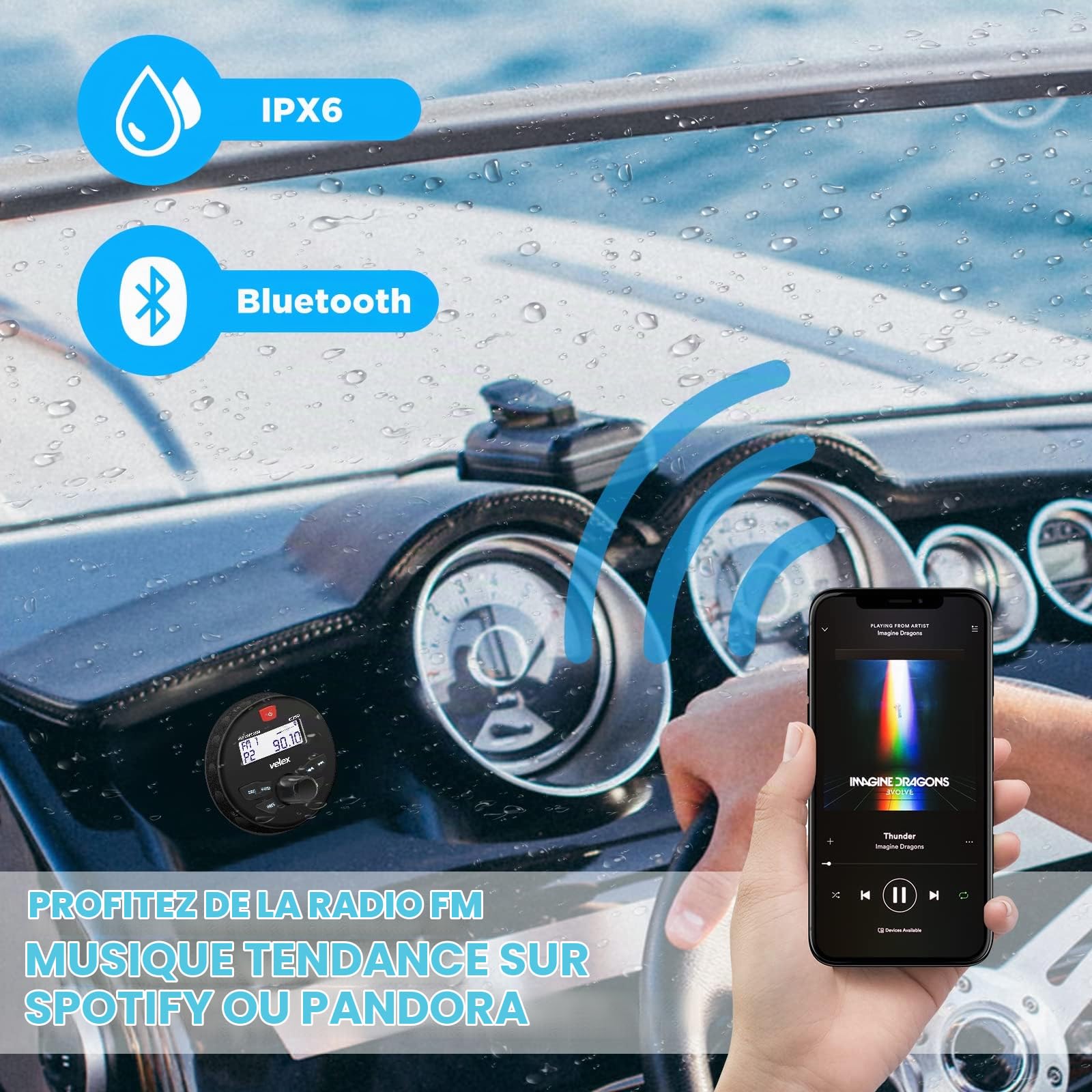 Vélex Récepteur stéréo étanche Bluetooth marine avec lecteur MP3, DAB+/AM/FM et USB pour streaming de musique sur bateau, golf carts, ATV/UTV et spa/hot tubs