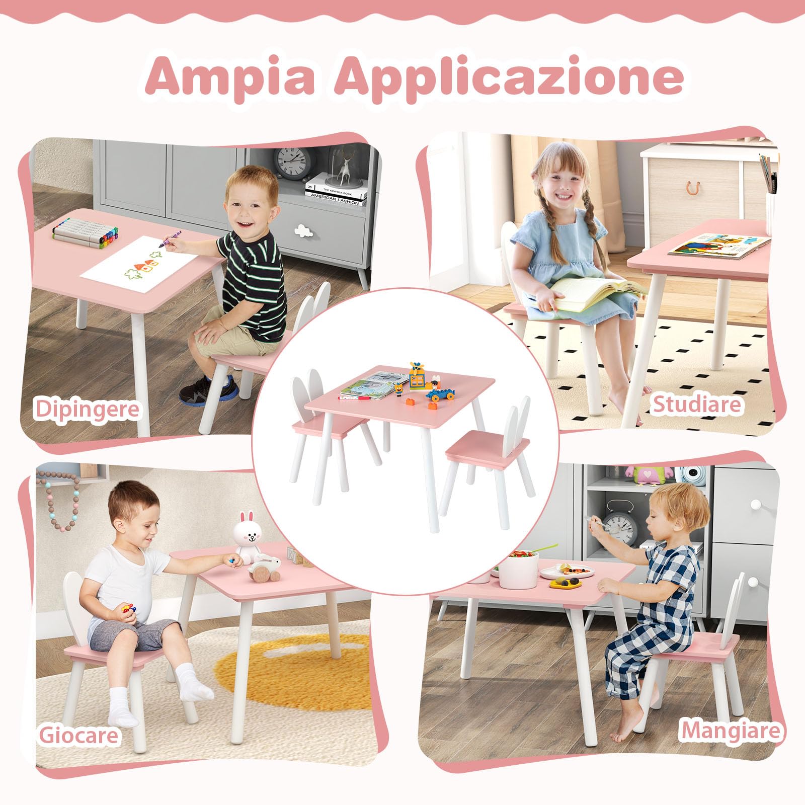 RELAX4LIFE Tavolino Bambini con 2 Sedie con Orecchie da Coniglio, Set Tavolo e Sedie in Legno per Bambini 3-6 Anni, Design Compatto, Tavolino per Giocare, Disegnare e Leggere, Porta 40 KG (ROSA)