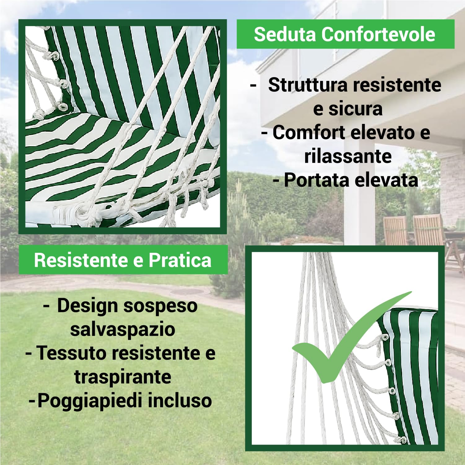 Crisalide® - Amaca a Poltrona da Giardino con Poggiapiedi, Sedia Sospesa con Barra in Legno, Copertura in Poliestere, Design Salvaspazio, Ideale per Terrazzo, Balcone e Giardino