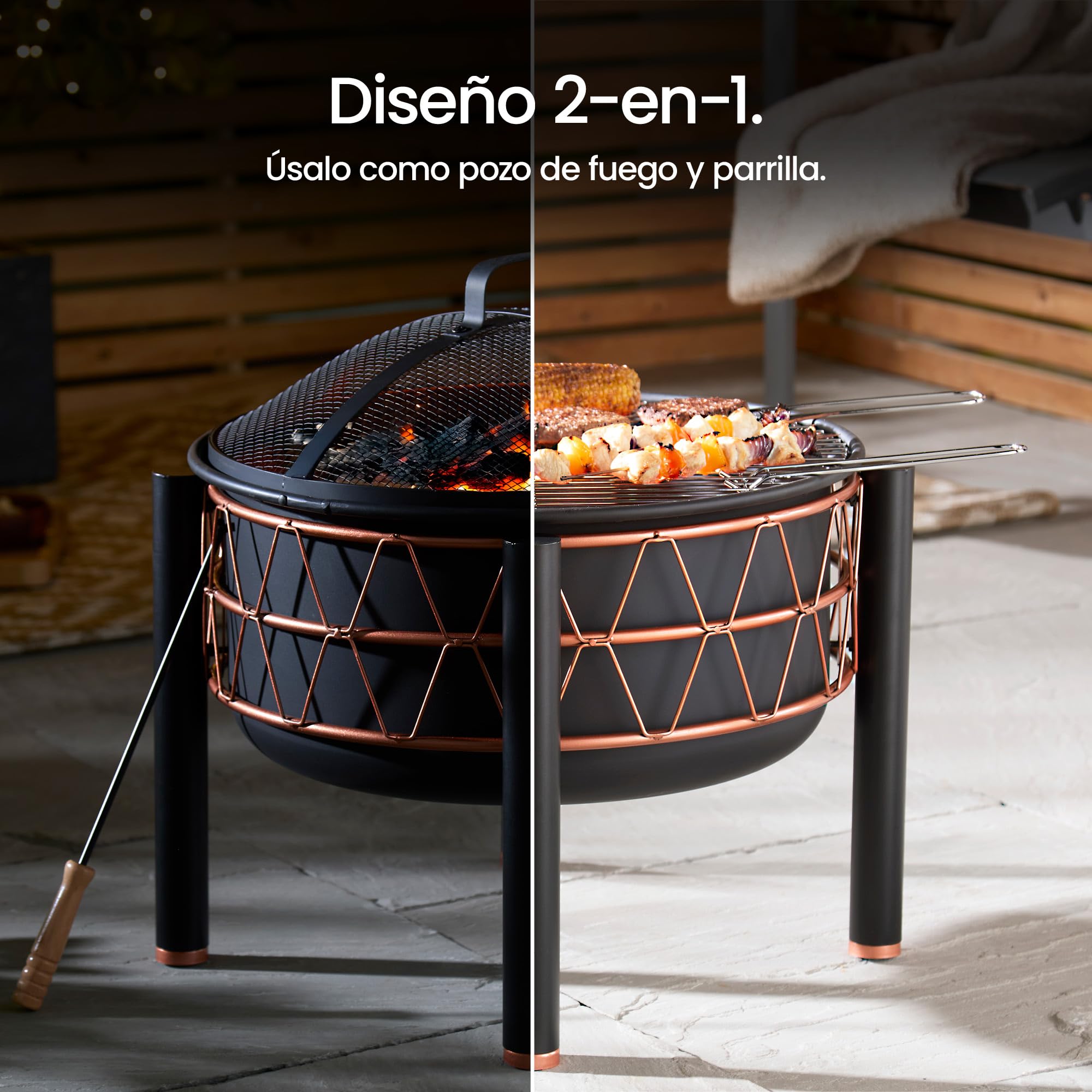 VonHaus Brasero – 2-en-1 con Parrilla BBQ para Exterior, jardín y Patio, en Acero Negro con Detalle Cobre, Incluye atizador y Tapa de Malla, Compatible con leña o carbón