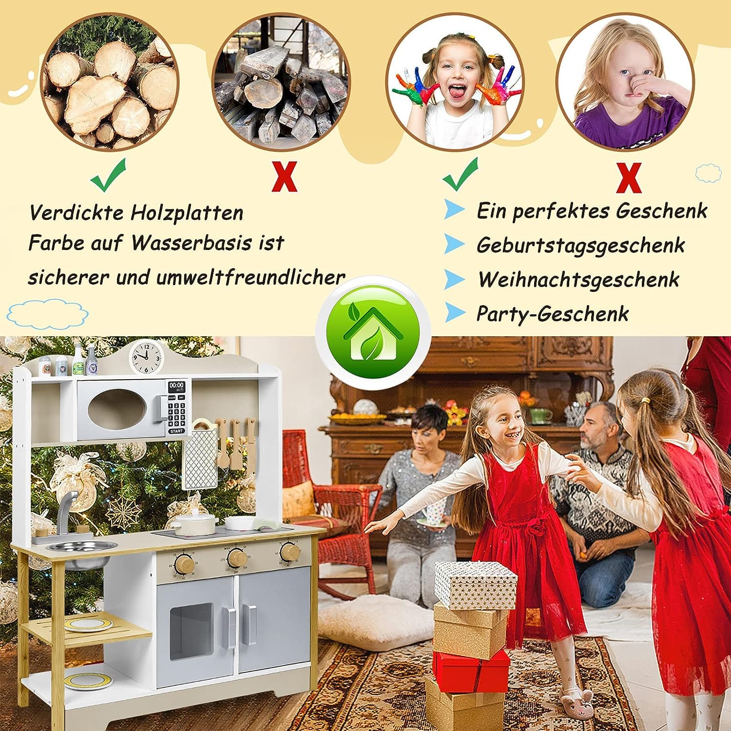ACXIN Holz Küchenset für Kinder, Küche Küchenspielzeug Set mit Kinderküche zubehör, Küchen-Zubehör aus Edelstahl und Holz, Mini-Küche für kleine Jungen und Mädchen (68x26x78cm)
