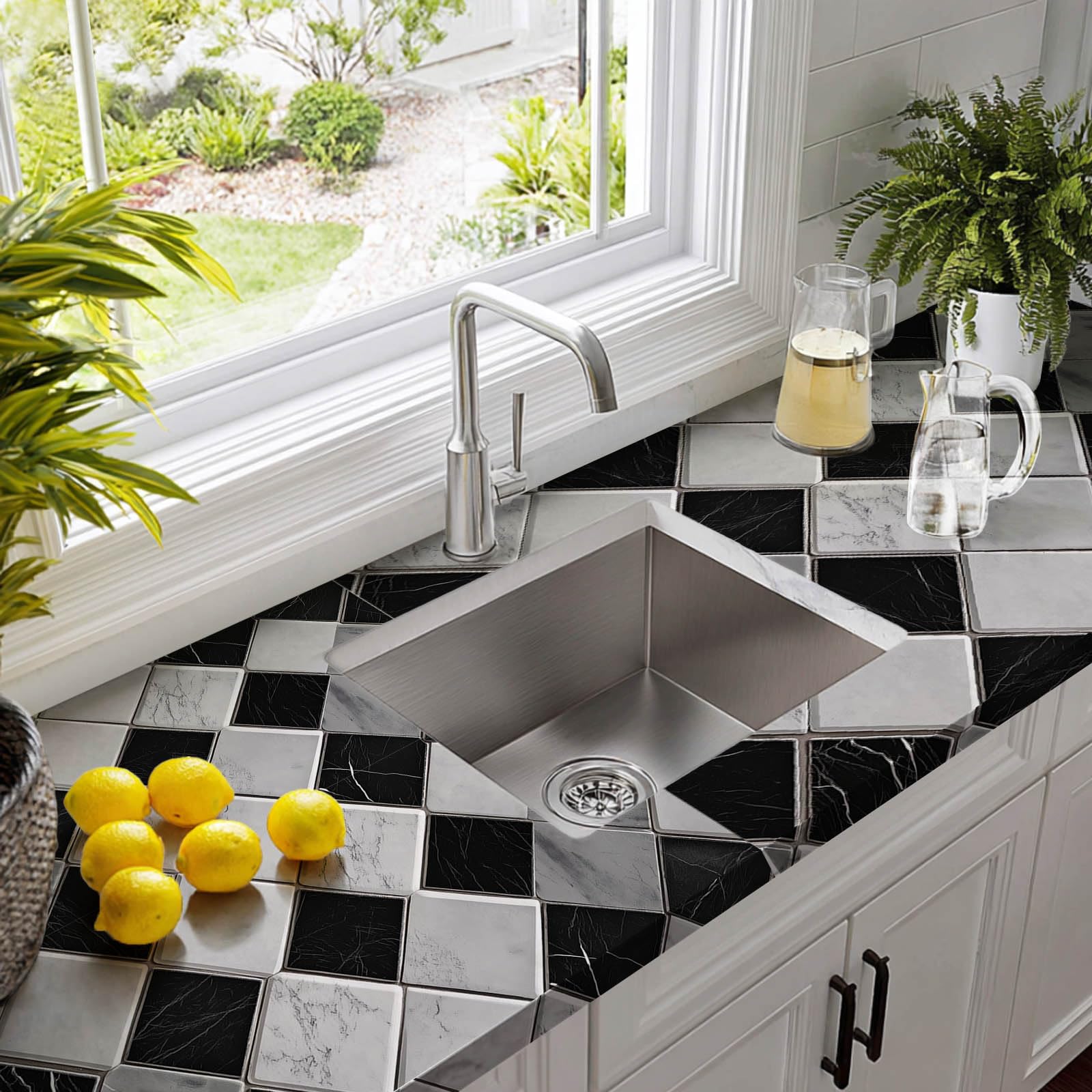 Matte Black and White Checkered Marble Peel and Stick Wallpaper Self Adhesive Removable Decorative Vinyl Contact Paper for Wall Kitchen Countertop DIY Renovation 15.7x39.4 inch