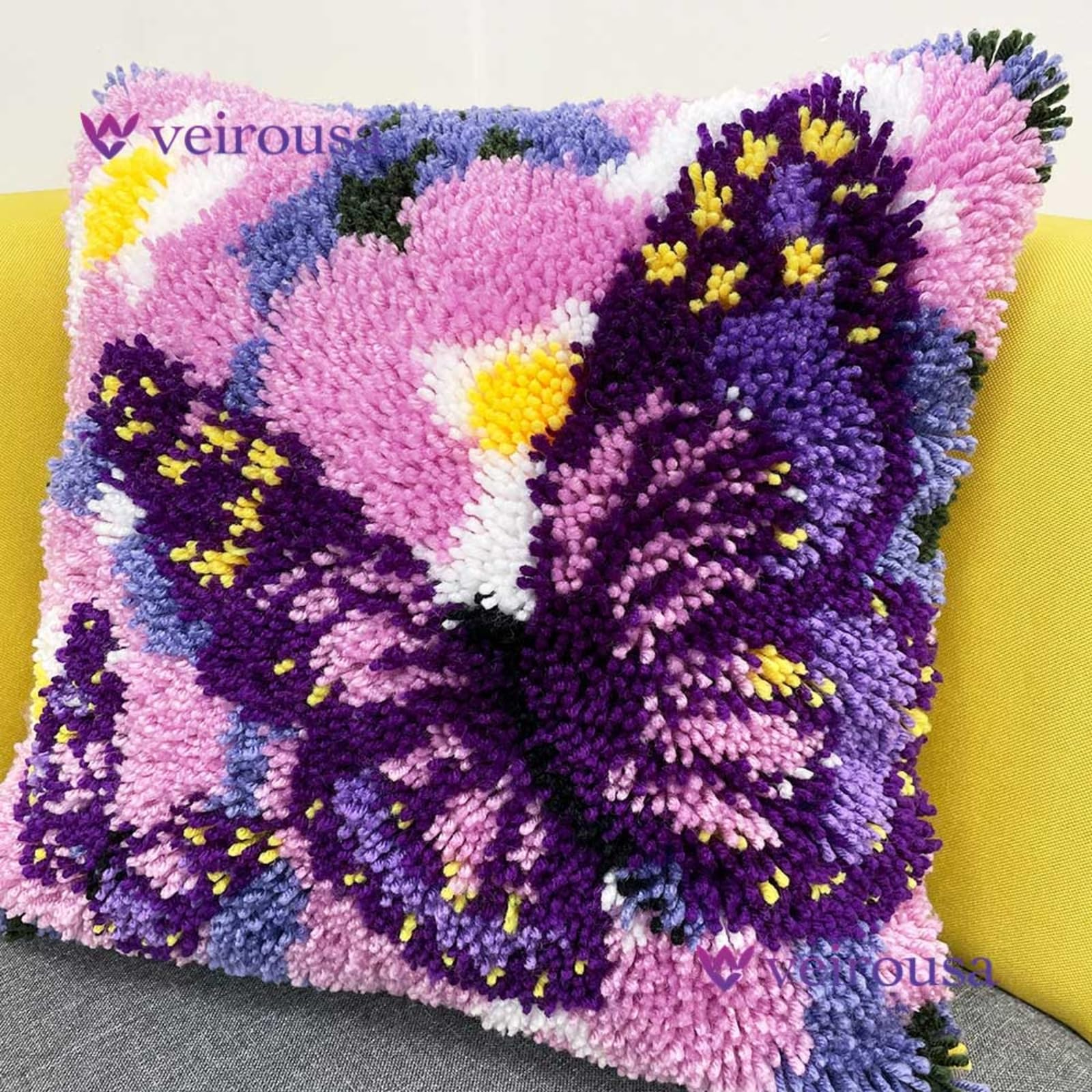 veirousa Butterfly Floral Latch Hook Kits for Adults Beginners DIY Crochet Pillow Kit Pre-Printed Pillowcase Hook and Latch Rug Kits Needlework Cushion Cover for Home Sofa Decoration 17x17 in.