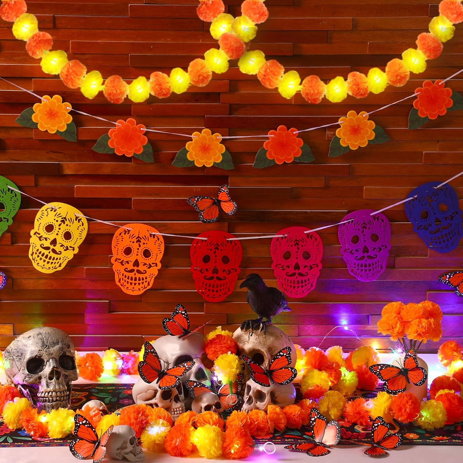 Hotop 39 Pcs Day of The Dead Decor Set Ofrenda Altar kit Marigold Garland String Lights Dia De Los Muertos Table Runner Mexican Party Banners Skull Hanging Swirl Monarch Butterfly(Orange and Yellow)