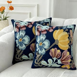 EmbroideredLiving 18x18 Blue Pumpkin Blossom Embroidered Throw Pillow Covers 2-Pack - Farmhouse Boho Hidden Zipper Decor