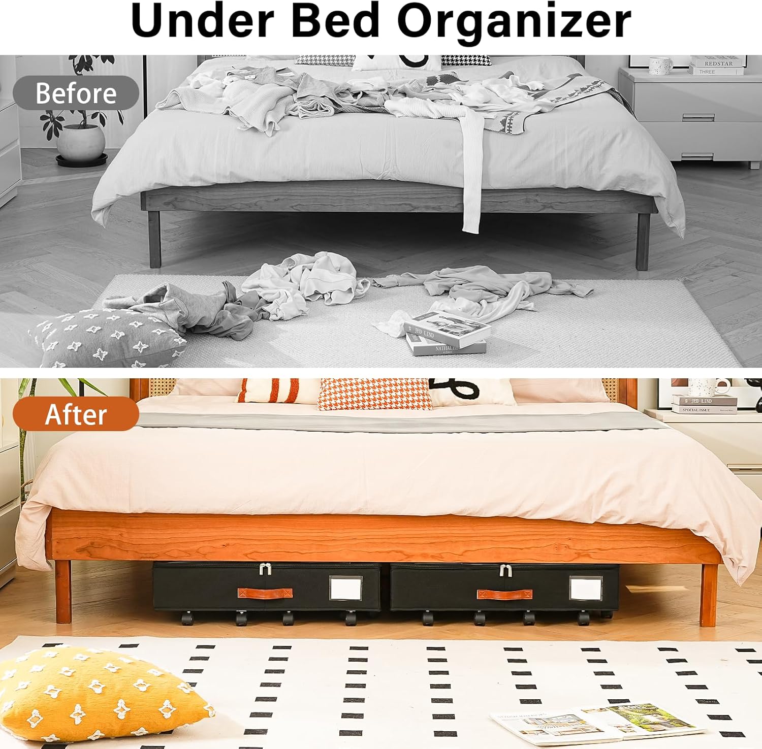 Under Bed Storage Organizer with Wheels, Underbed Container with Clear Lid Cover, Storage Bag Box with Visiable Window for Clothes, Bedsheet, Pillow, 2 Pack，5.5 inches