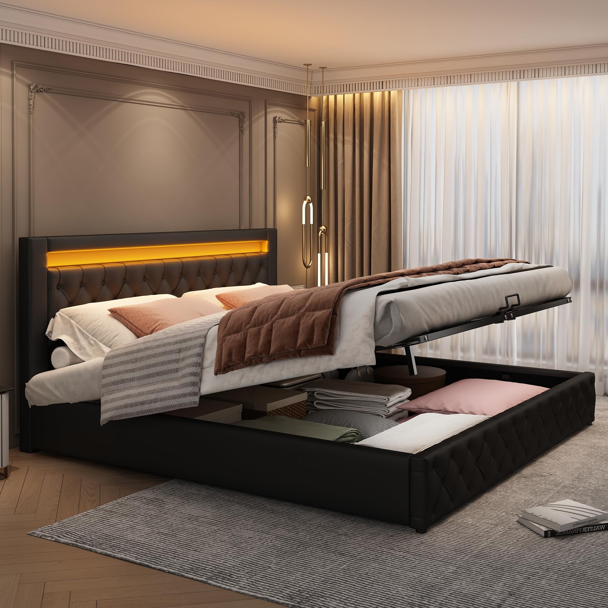 Cama Tapizada Camas Matrimoniales 180x200 con Luces LED Cabecero, Estructura de Cama Doble con Espacio de Almacenamiento Hidráulico, Camas Somier con Láminas Madera, Sin Colchón, PU, Negro