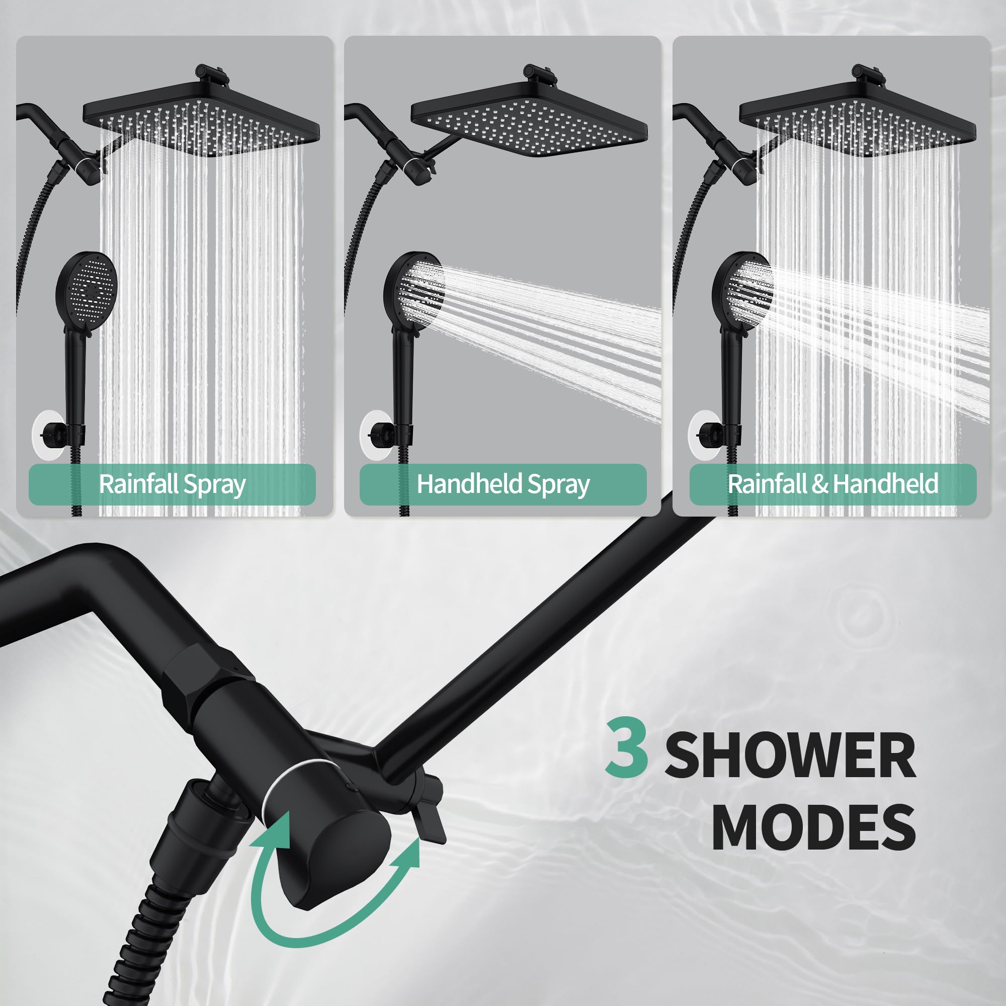 12 Inch Wide Rain Shower Head with NSF Filtered Handheld Combo, High Pressure Rainfall Shower Head, 9 Spray Modes Handheld with 9-Inch Extension Arm, Comes with Filter Removes Chlorine(Black) - 5