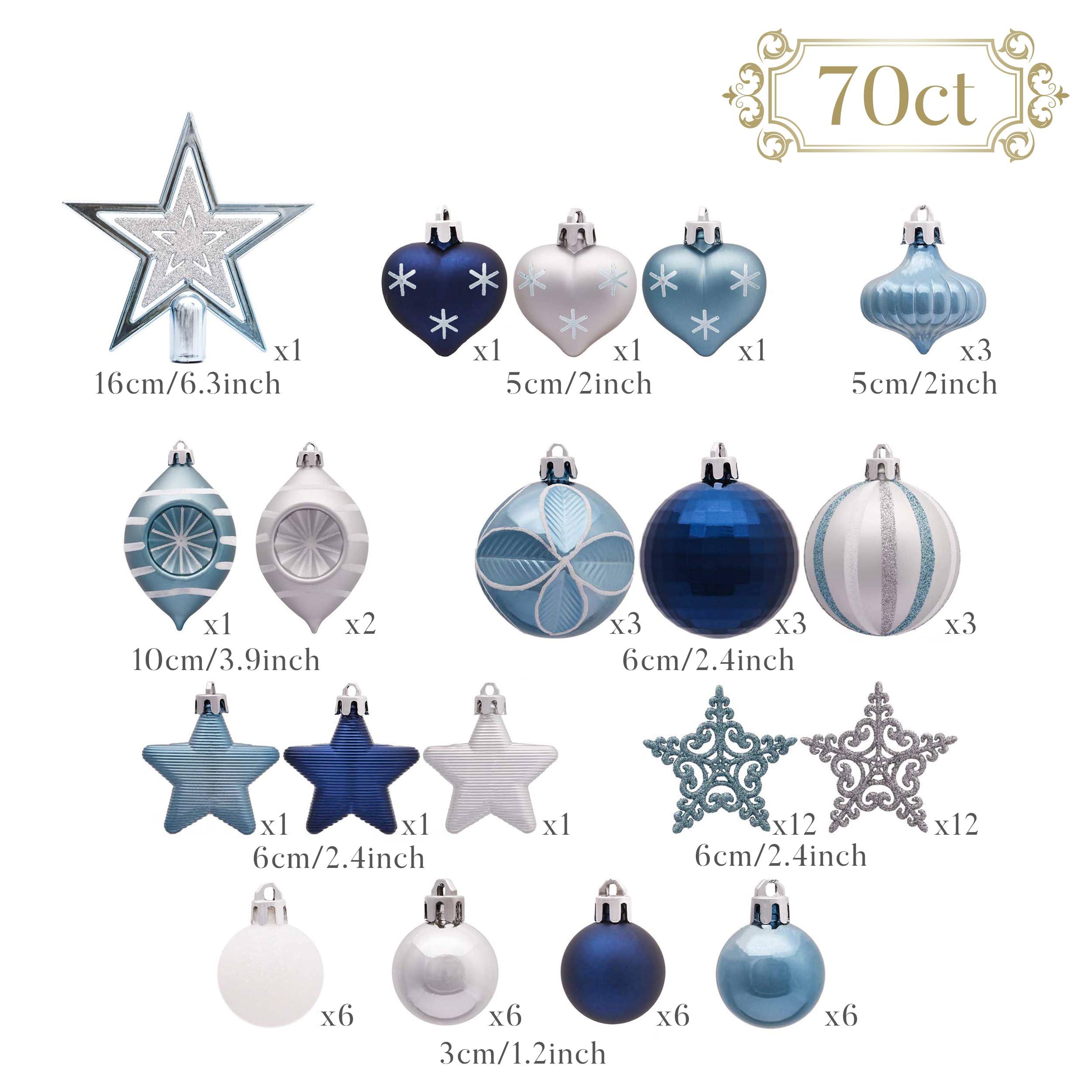 Valery Madelyn Azul y Plata, Adornos de Bolas Plásticas Infrangibles de Navidad, Shatterproof Christmas Baubles, para la Decoración del Árbol de Navidad (Juego de 70, 3-6cm)