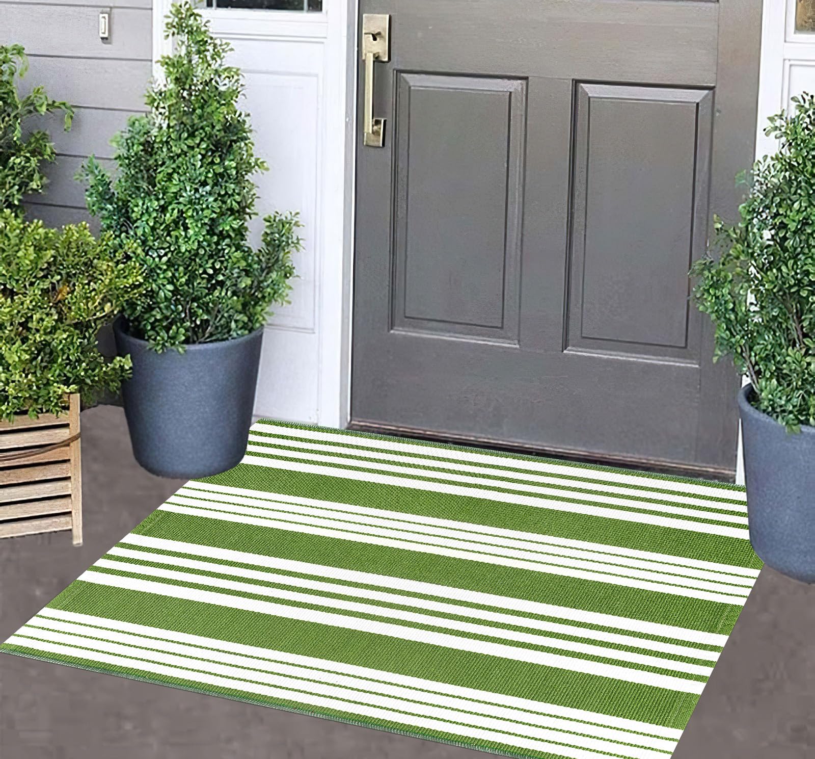Green and White Striped Outdoor Rug 24'' x 35'' Door Mat Outdoor Machine Washable Welcome Mats Cotton Hand-Woven Entryway Rug for Front Porch/Entryway
