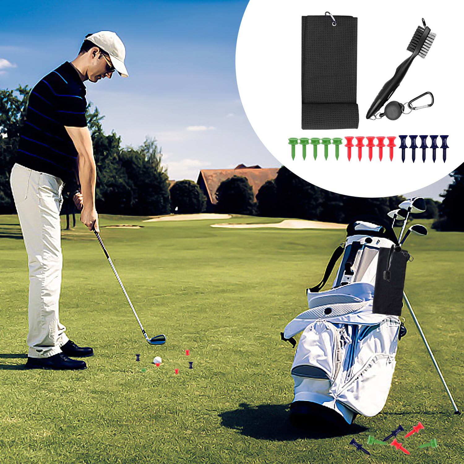 1 spazzola per mazze da golf double face, 1 asciugamano sportivo, 15 supporti da golf, asciugamano da golf, accessori da golf, set per la pulizia del golf, set regalo per gli appassionati di