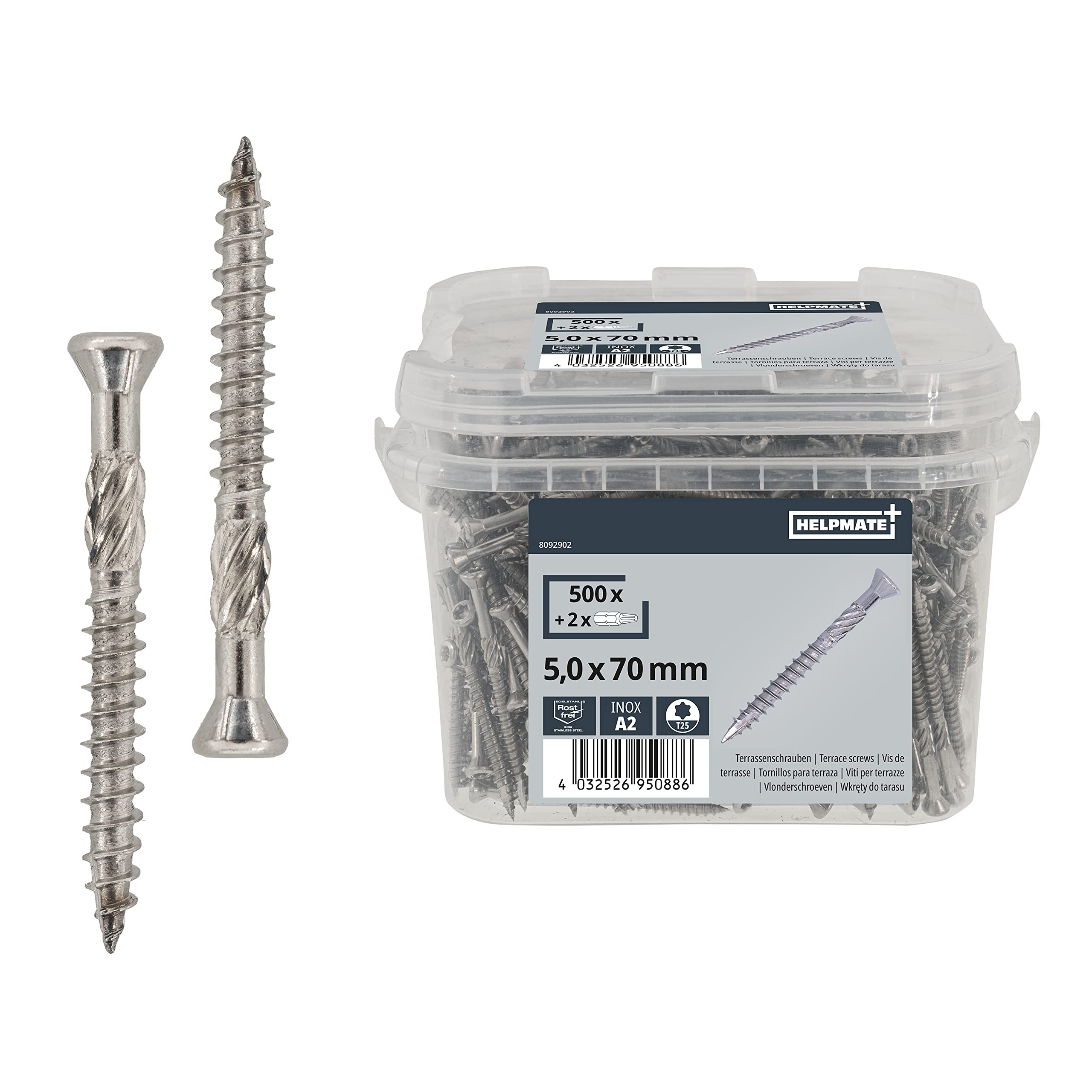 HELPMATE Viti in acciaio inox A2 per la costruzione di terrazze, 5,0 x 70-500 pezzi viti + 2 punte T25 – T-Star Plus, punte per fresatura, torx, testa svasata, punta tagliata, viti Torx per uso