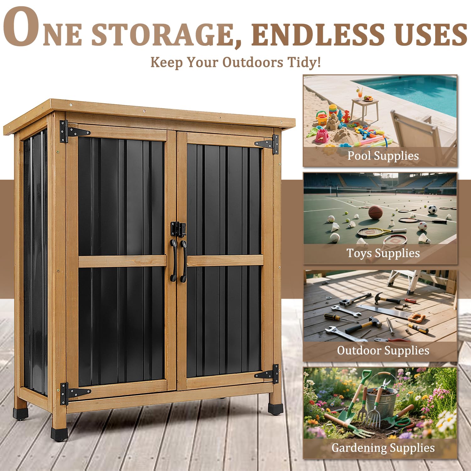 PetsCosset Weatherproof Outdoor Storage Cabinet with Lockable Doors, Wood & Meta - product photo