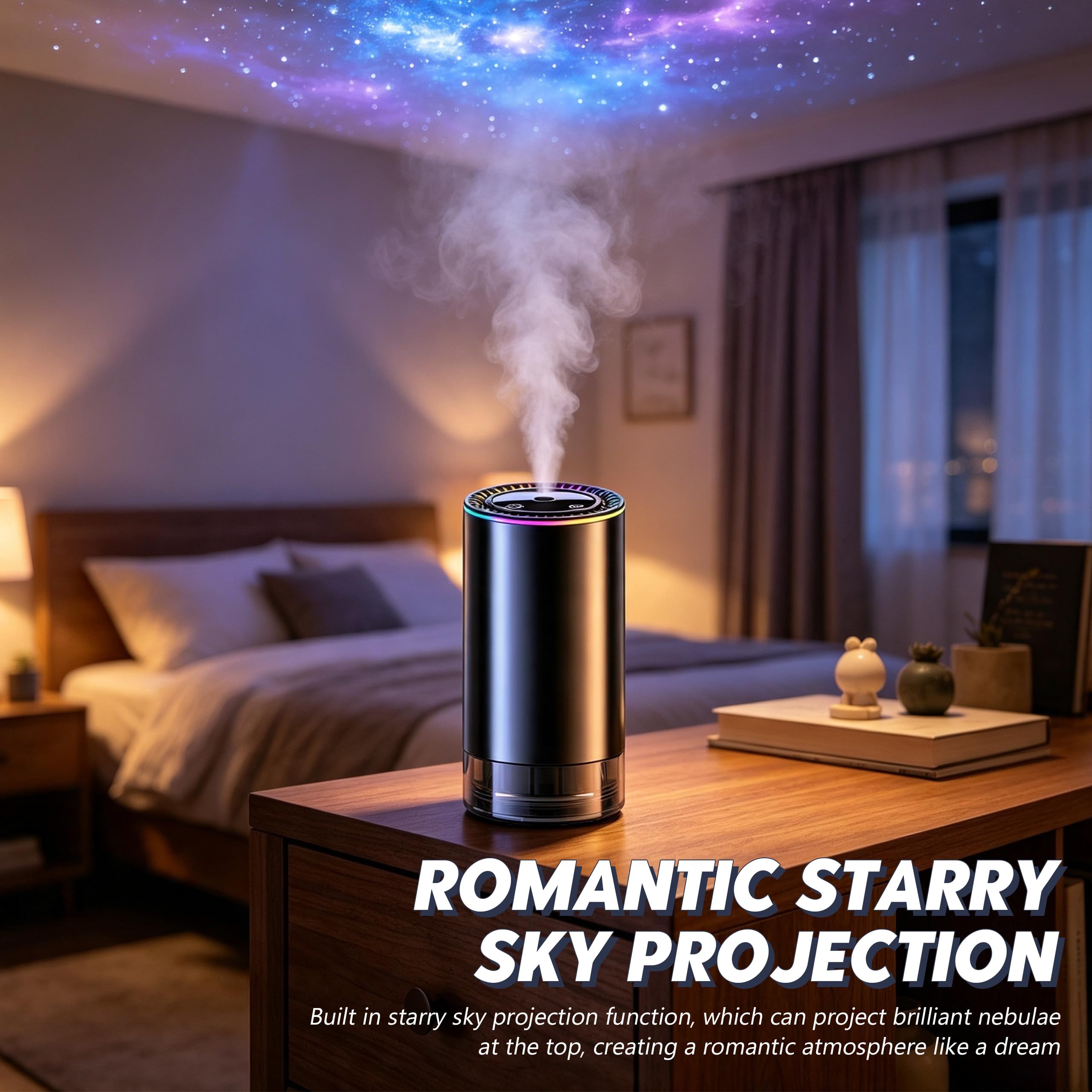 Diffusore di profumo per auto, con proiezione di stelle, 3 livelli di nebbia nano | Auto Start/Stop, LED colorato, per auto e ufficio.