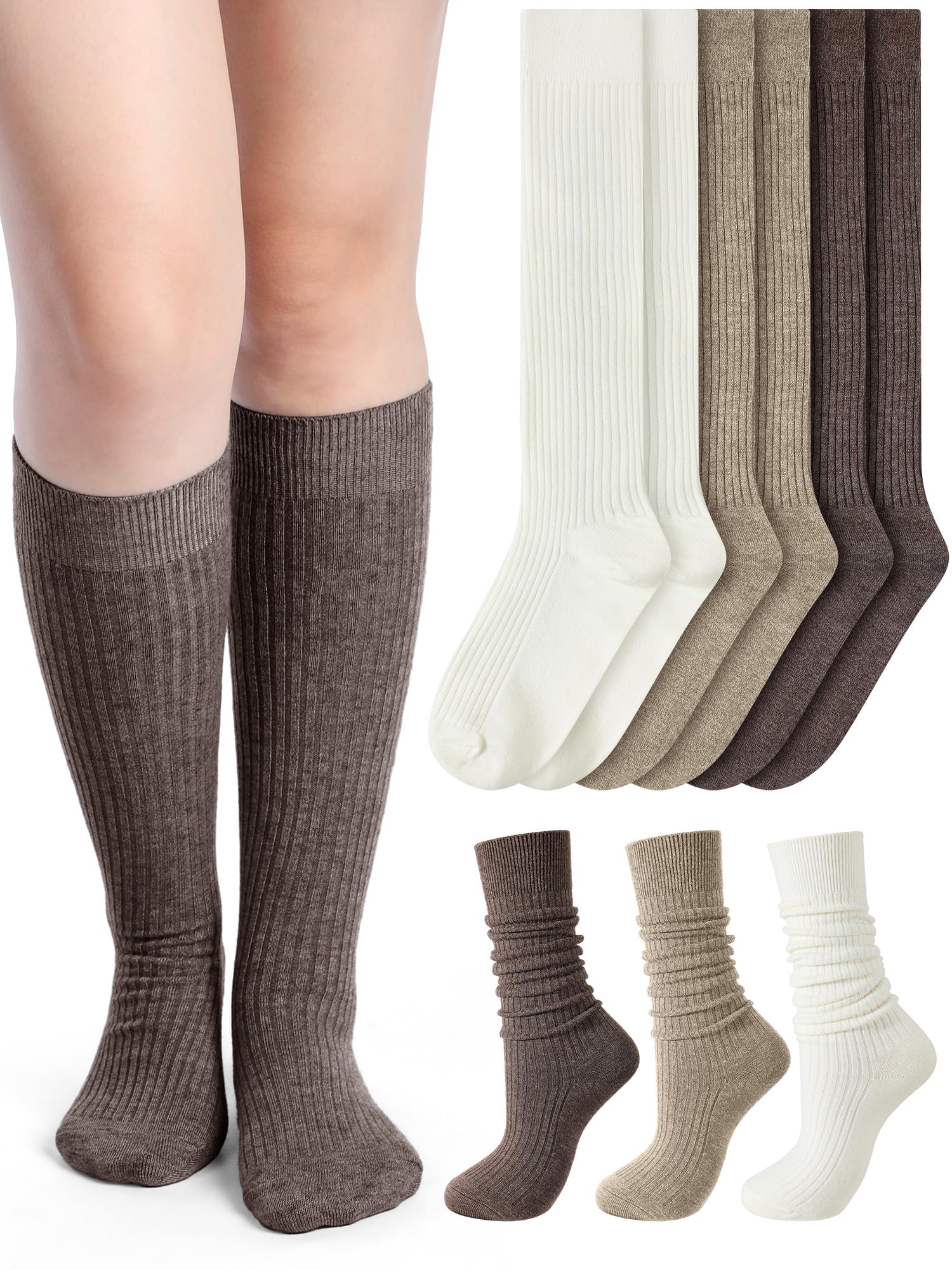 Shihanee 3 Pairs Winter Women Knee High Socks Long Ribbed Knit Slouchy Boot Socks Warm Gifts for Women