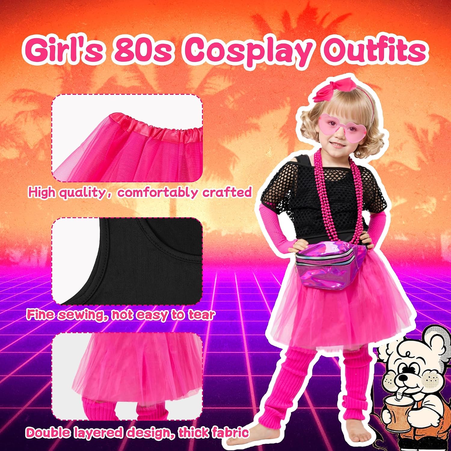 Fairycece Girls 80s Costume 4T-10 Halloween 80 Theme Party Outfit Accessories Set