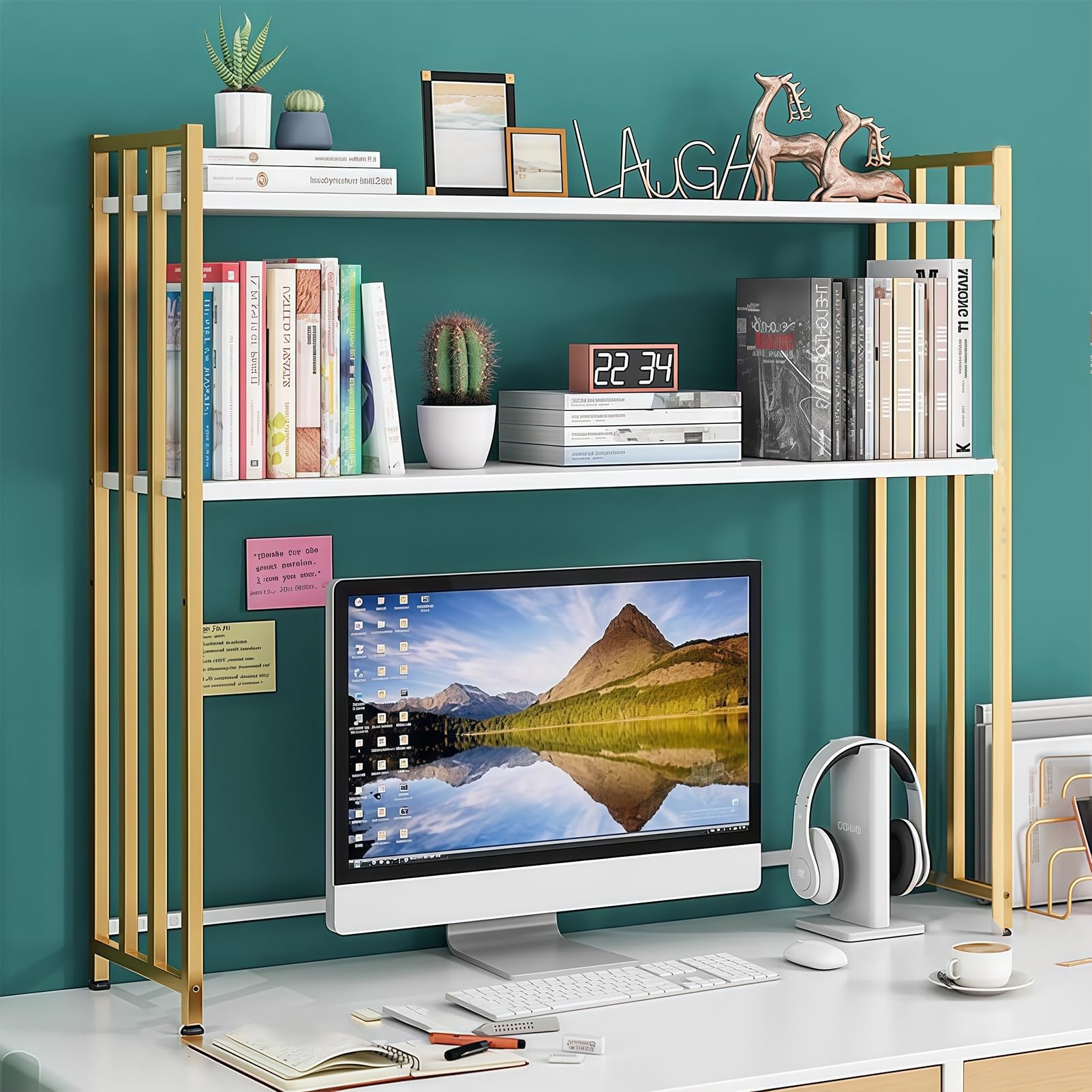 Scaffale da scrivania in metallo a 2 livelli per la parte superiore della scrivania, rack di organizzatori di camere dormitori regolabili, libreria desktop robusta con archiviazione, supporto per forn