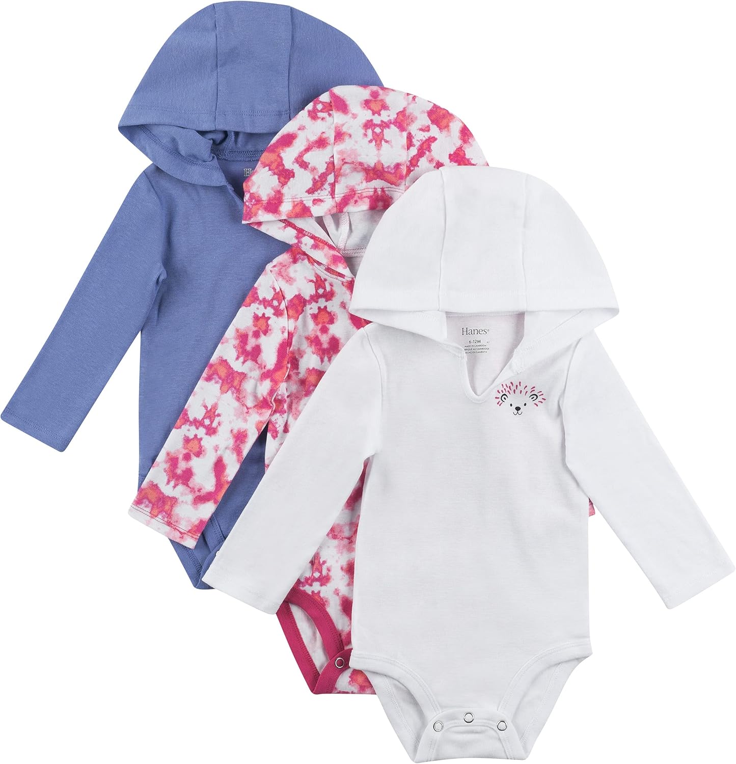 Hanes Unisex Baby Bodysuits, Ultimate Flexy Hoodie Long Sleeve Babies And Toddlers, 3-pack, Purple/Pink, 6-12 Months US