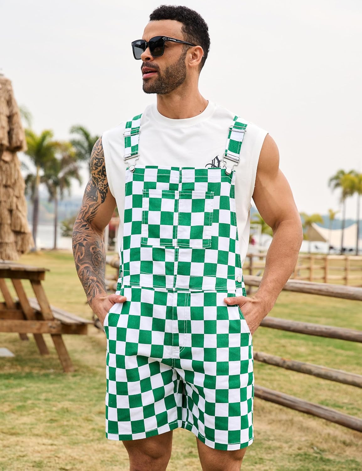 Checkered Bib Overalls for Men Jumpsuit Shorts Work Coveralls - Image 3