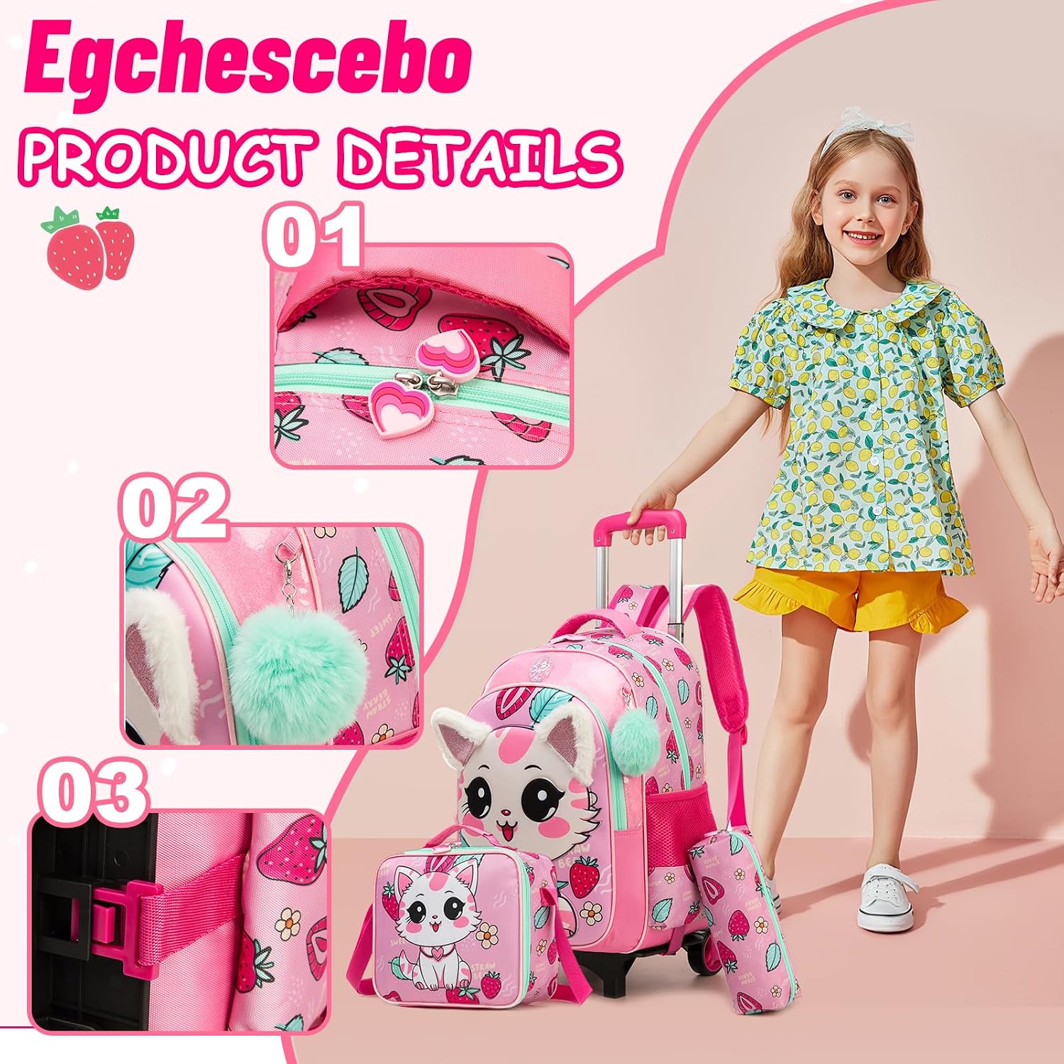 Egchescebo Kids Rolling Plush cat Backpack for Girls Trolley Suitcases Luggage Travel with Wheels Detachable Wheeled 17" 3PCS Roller Backpacks Set Toddler Back Pack School Bags for Elementary Pink