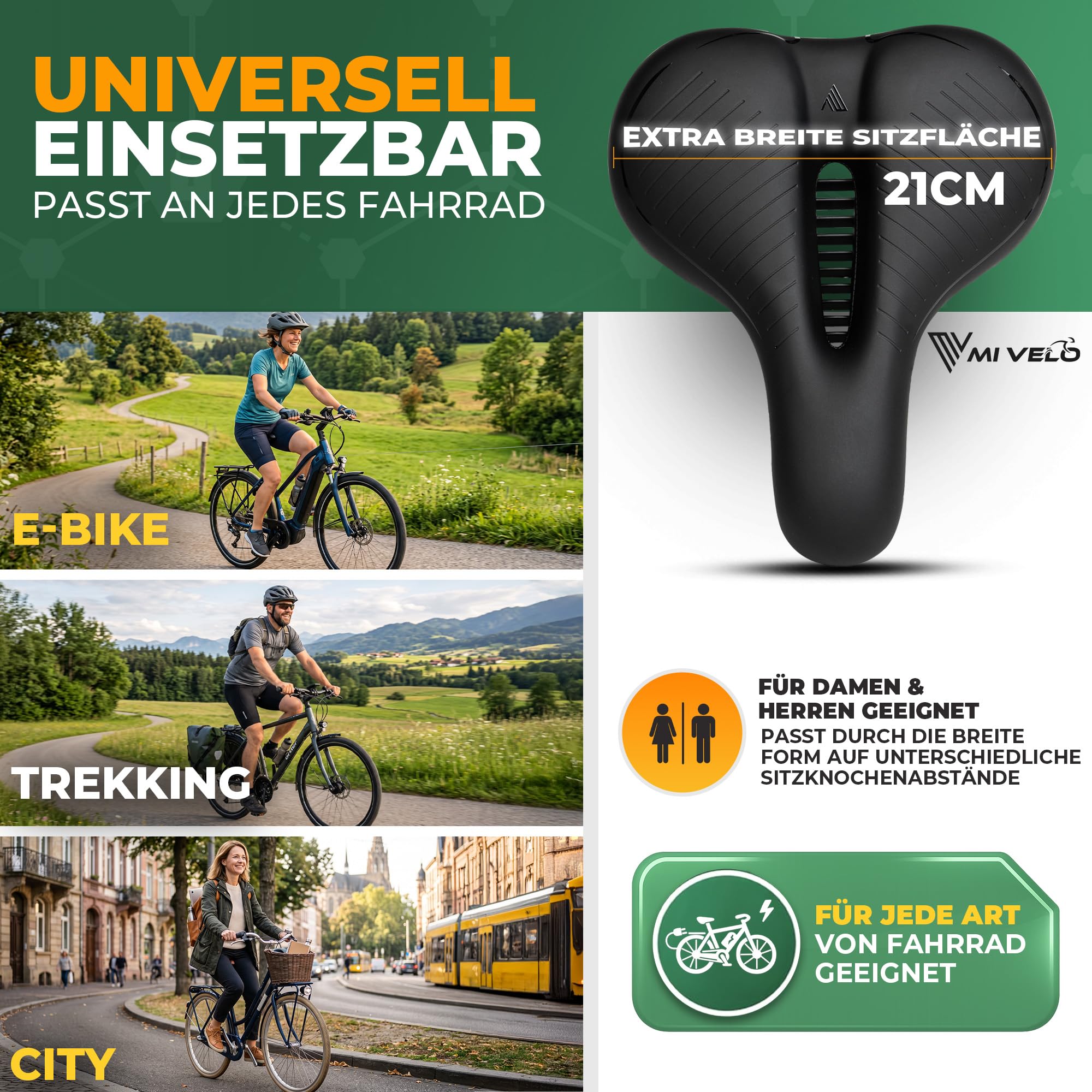MIVELO Fahrradsattel 3D Komfortschaum & stoßdämpfende Federung – Fahrrad Sattel bequem für Damen & Herren – Universeller Sattel Fahrrad für Citybike, Trekkingrad, E-Bike, MTB, Gravel Bike