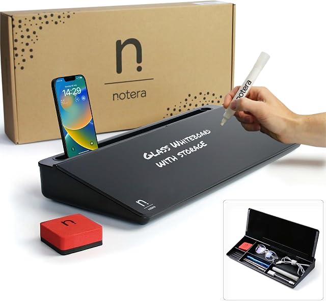 Notera Wedge Desktop Whiteboard - All-in-One Desk Whiteboard & Desk Tidy Organiser. This Glass Whiteboard is Ideal as a Small Office Whiteboard & Store for Home Office Accessories. (Black, 40cm)