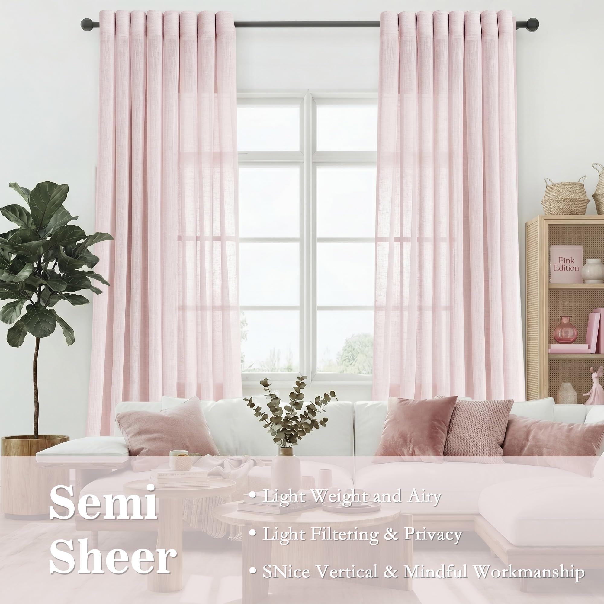 Rideau Rose Voilage 140x225cm Rideaux à Oeillet Semi-Transparent Décorations de Salon Moderne Enfant Chambre Cuisine Balcon Baie Vitrée Léger Romantique d'intérieur
