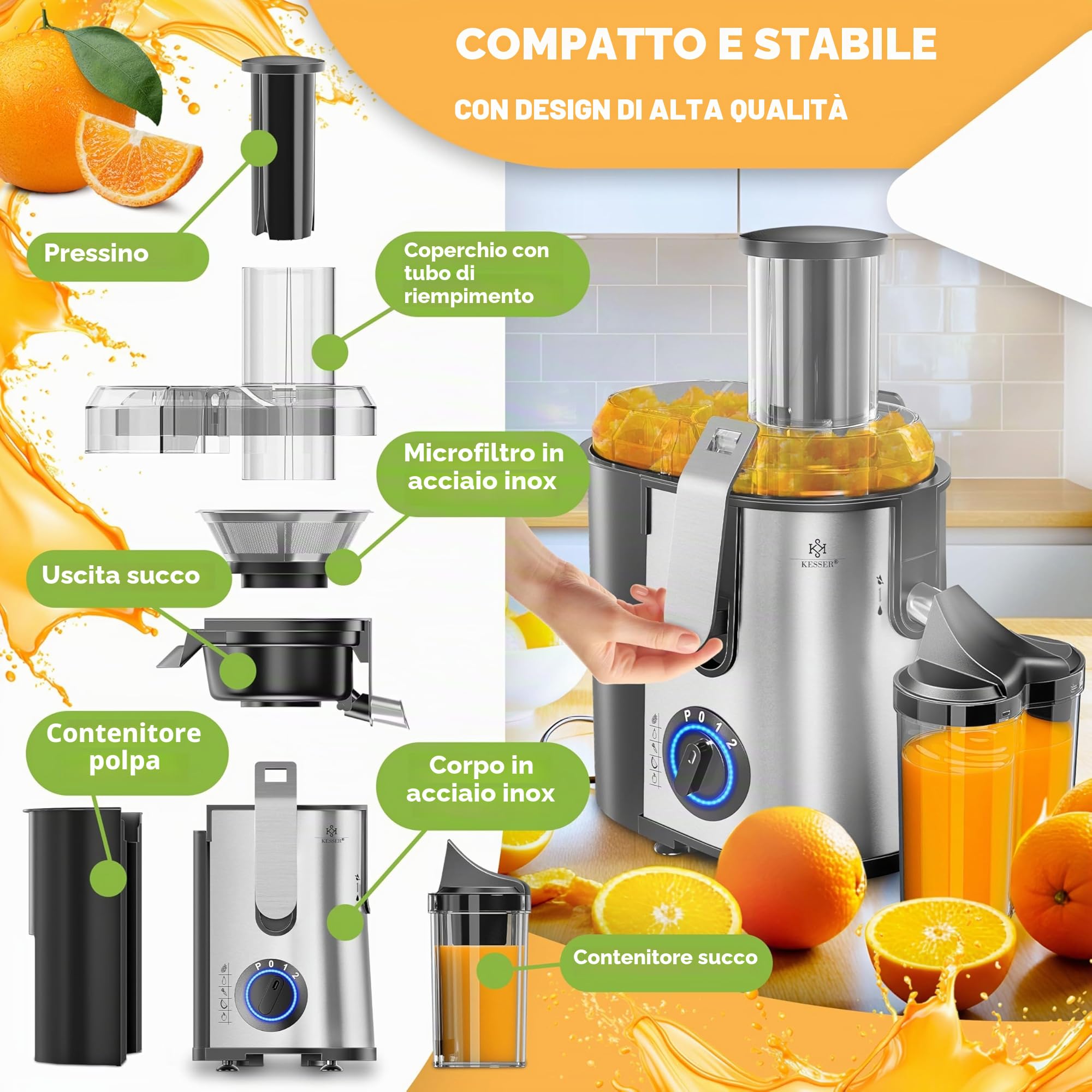 KESSER - Centrifuga Frutta e Verdura, 800W Estrattore di Succo a Freddo con 85MM Bocca Larga, Centrifuga in Acciaio Inox a Doppia Velocità con Funzione Antigoccia, Facile Pulizia, Senza BPA