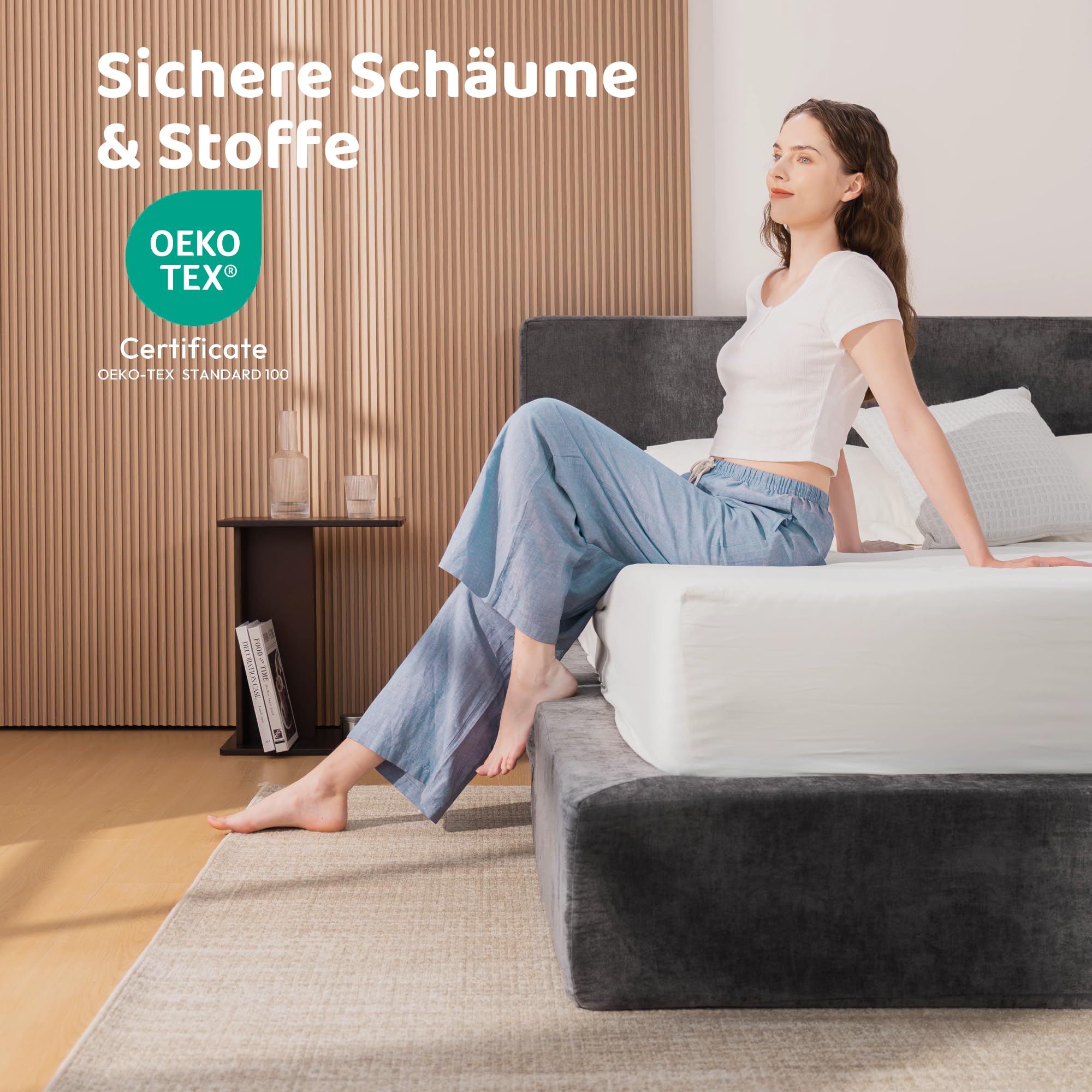 RECCI Cloud Polsterbett 160x200 cm mit gepolstertem Kopfteil, 5 cm weiche Schaumstoffpolsterung, doppelbett ohne Boxspring, leises Bettgestell im Schlafzimmer, familienbett (Schwarz) (160x200cm)