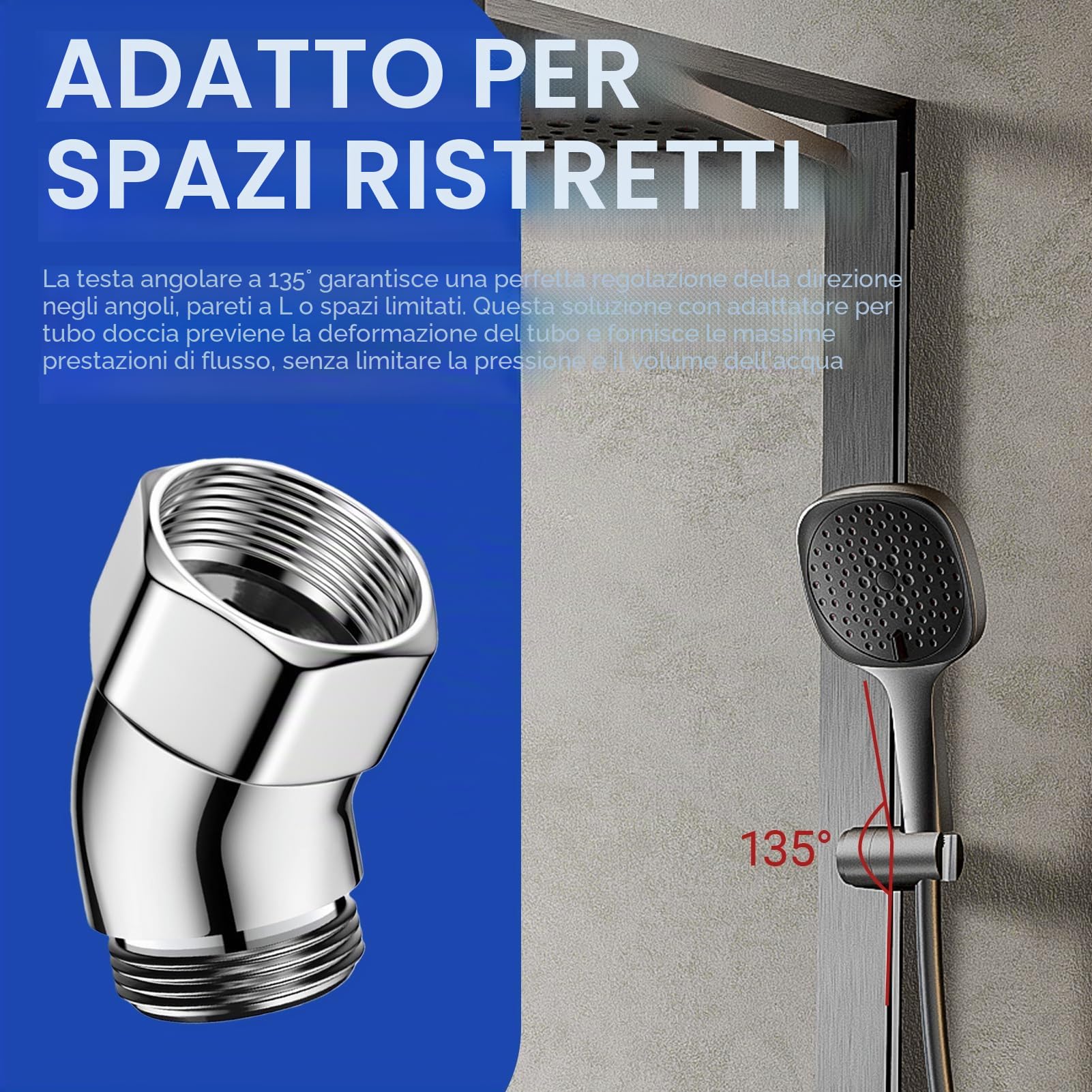 Adattatore Doccia 135° Connettore Angolare per Soffione in Rame con Guarnizione